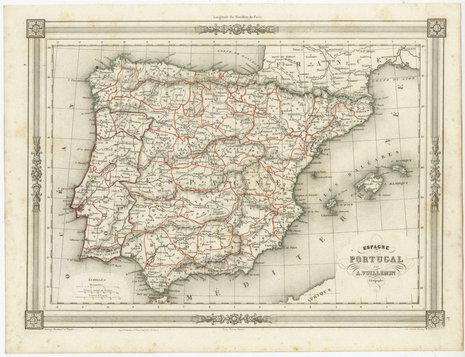 Antique Map Of Spain And Portugal, With Frame Style Border photo furniture
