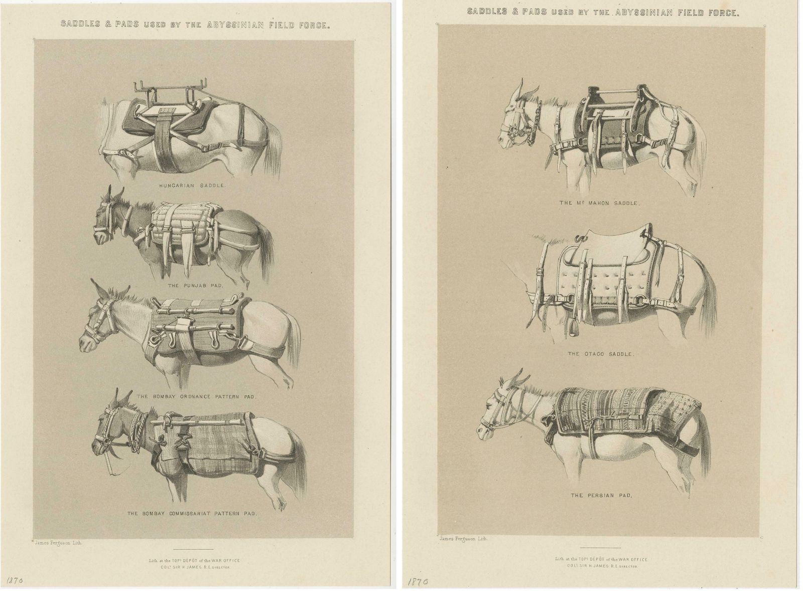 Set Of Two Antique Prints Of Saddles And Pads Used By The Field Force, 1870 photo Art