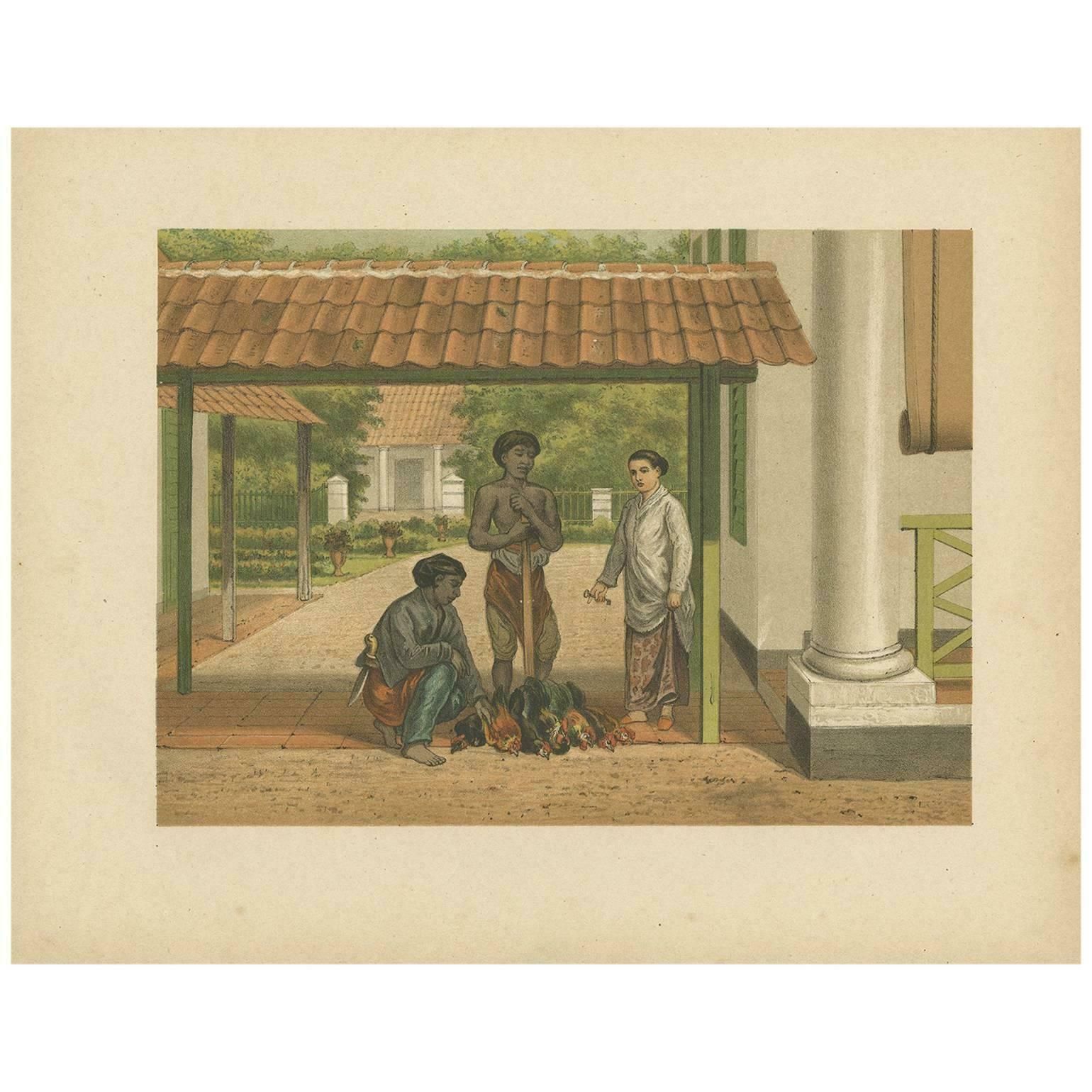 Antique Print Of A Chicken Salesman In Batavia By M.T.H. Perelaer, 1888