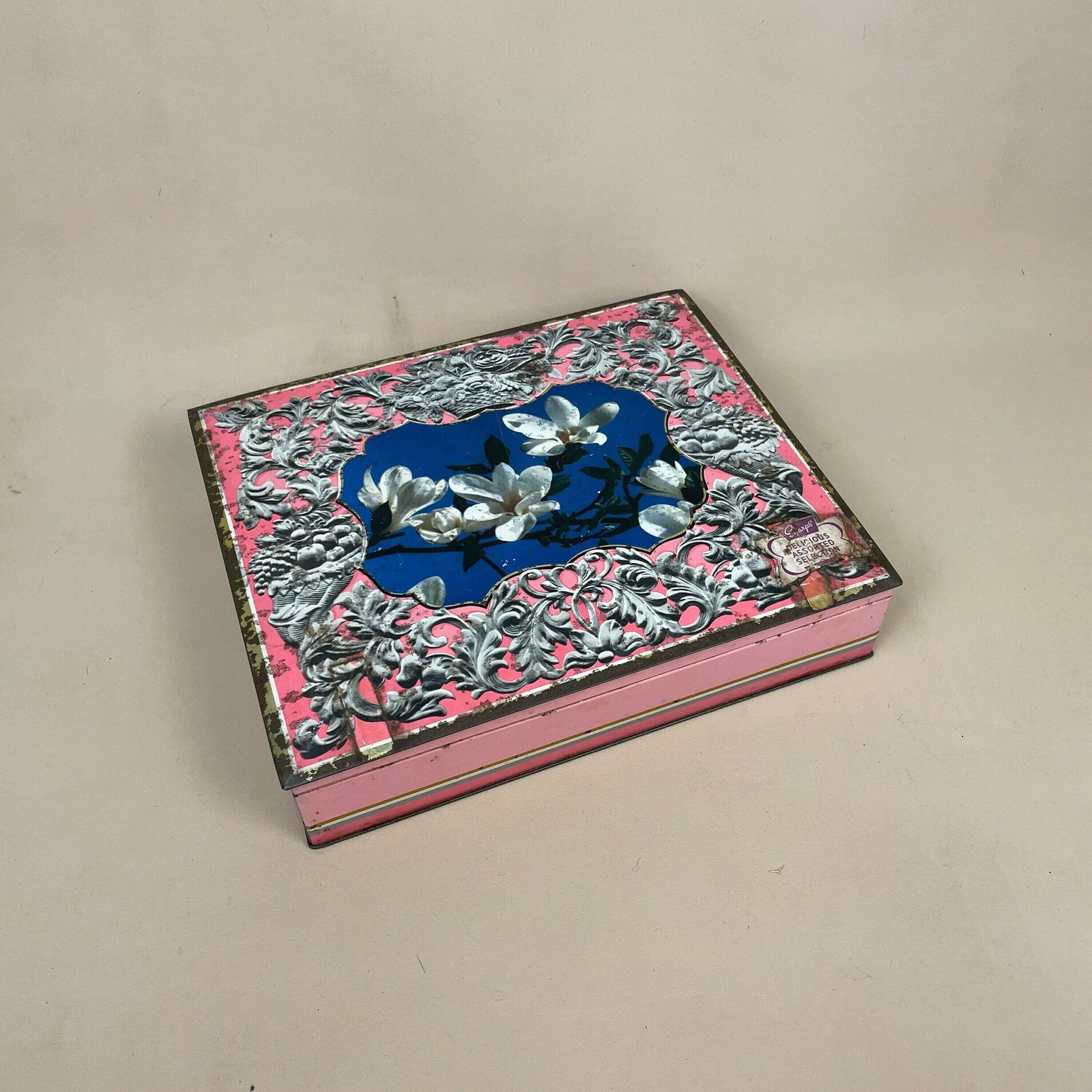 Antique Vintage Metal Tin Edward Sharp & Sons Maidstone Kent Pink Rectangle Blue Lid Rectangle Floral Pattern Retro Display Storage