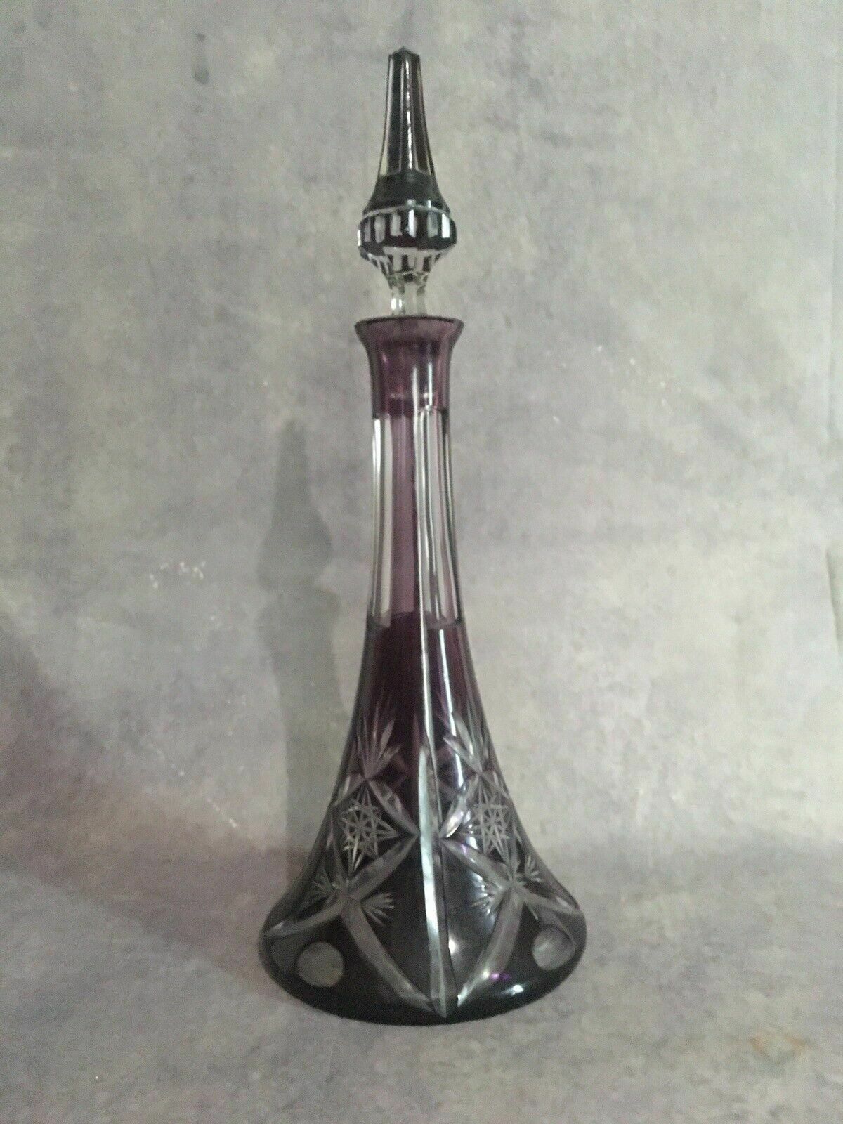 Bohemian Czech Cut To Clear Amethyst Purple Crystal Glass Decanter Genie Bottle photo for sale