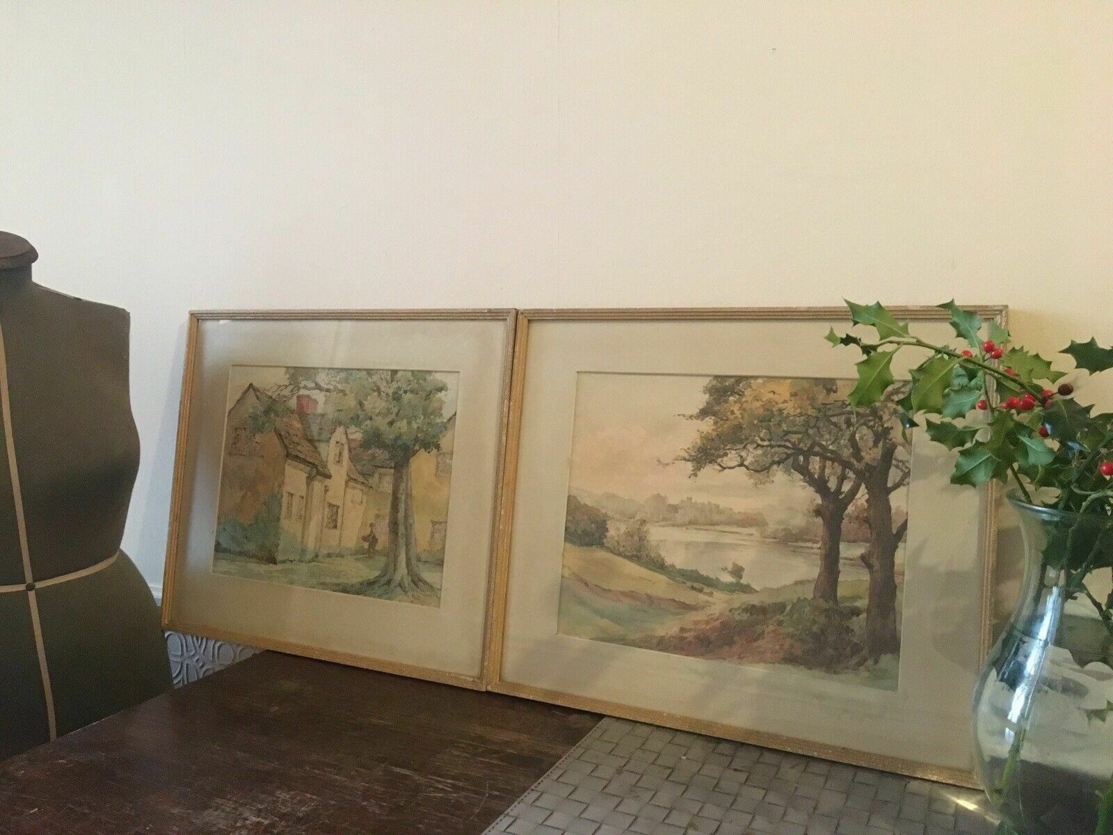 2x Antique Watercolour Paintings Signed Millet 1928 Framed Landscape/Cottage