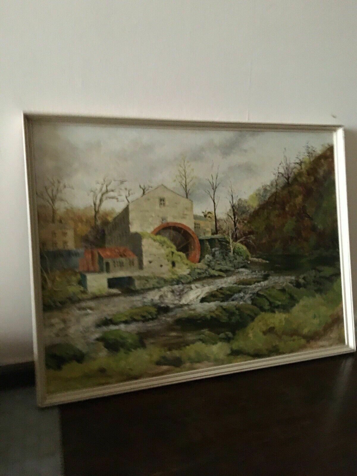 Vintage Original Oil Painting Hartlington Saw Mill Waterwheel Landscape Framed photo for sale