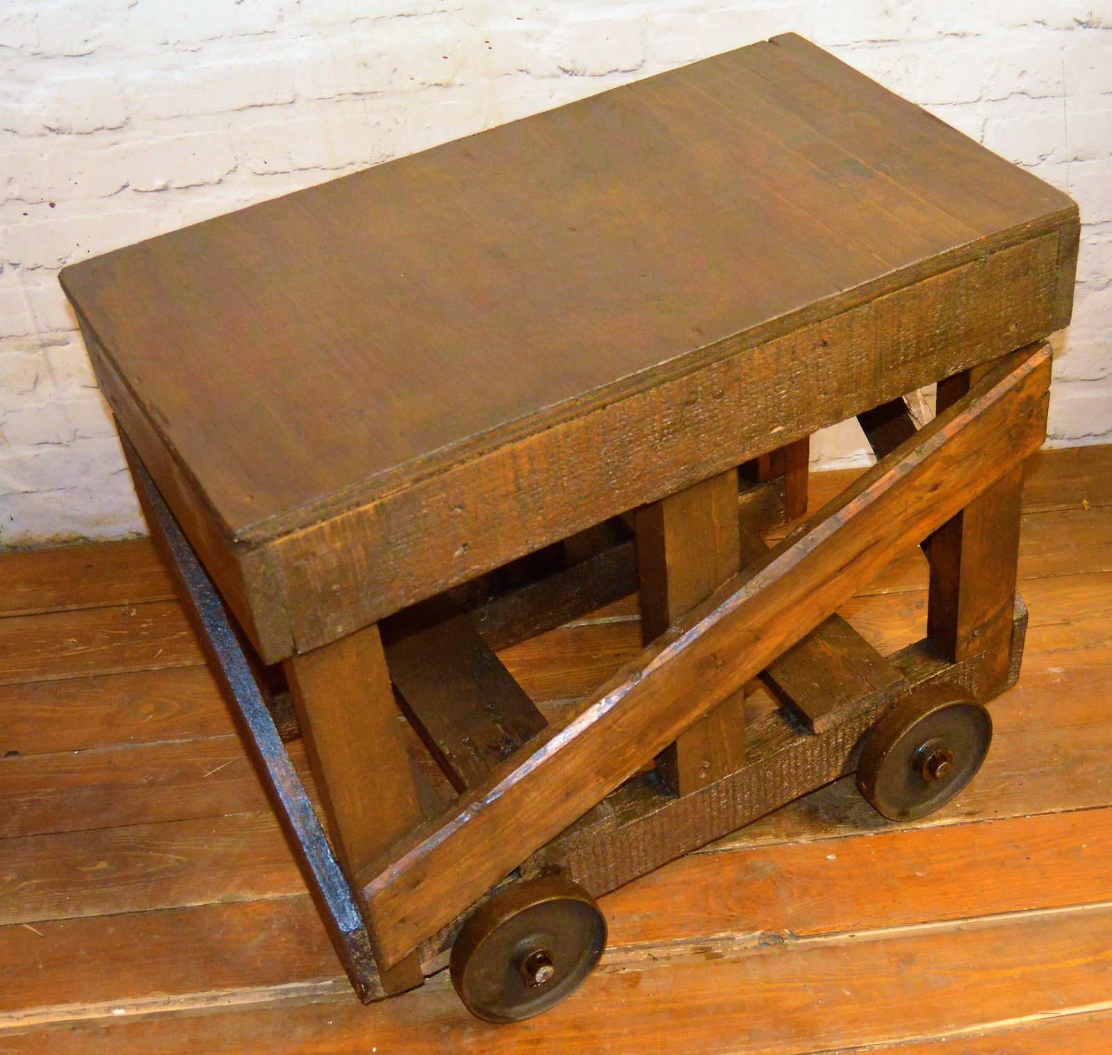 2 Available Industrial Pitch Pine Antique Table Kitchen Island Coffee Table Factory Vintage Rustic Farmhouse Mill Side Trolley photo furniture