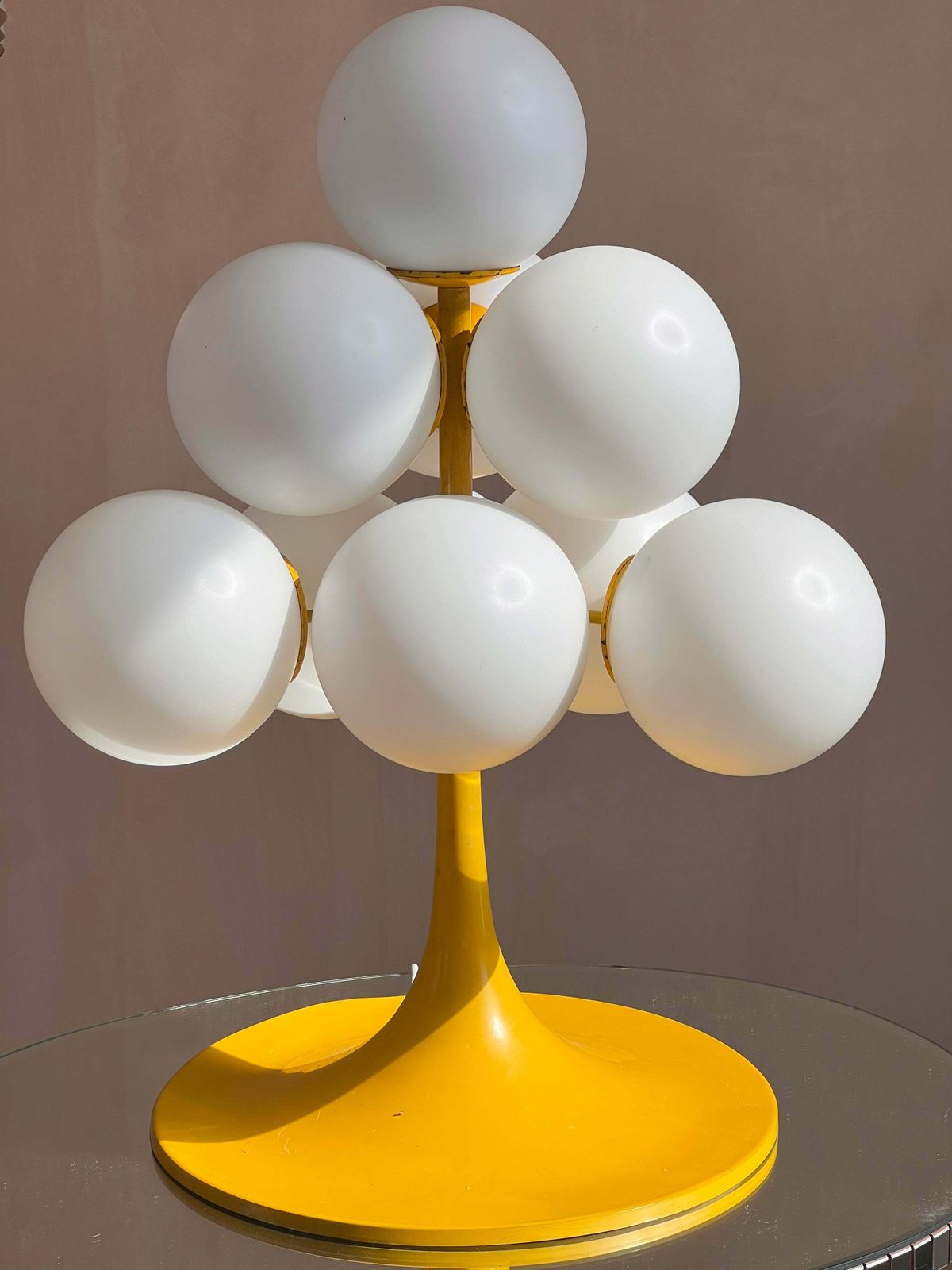 Rare Kaiser Leuchten Yellow Metal Pendant Light 10 Globe C.1960 photo furniture