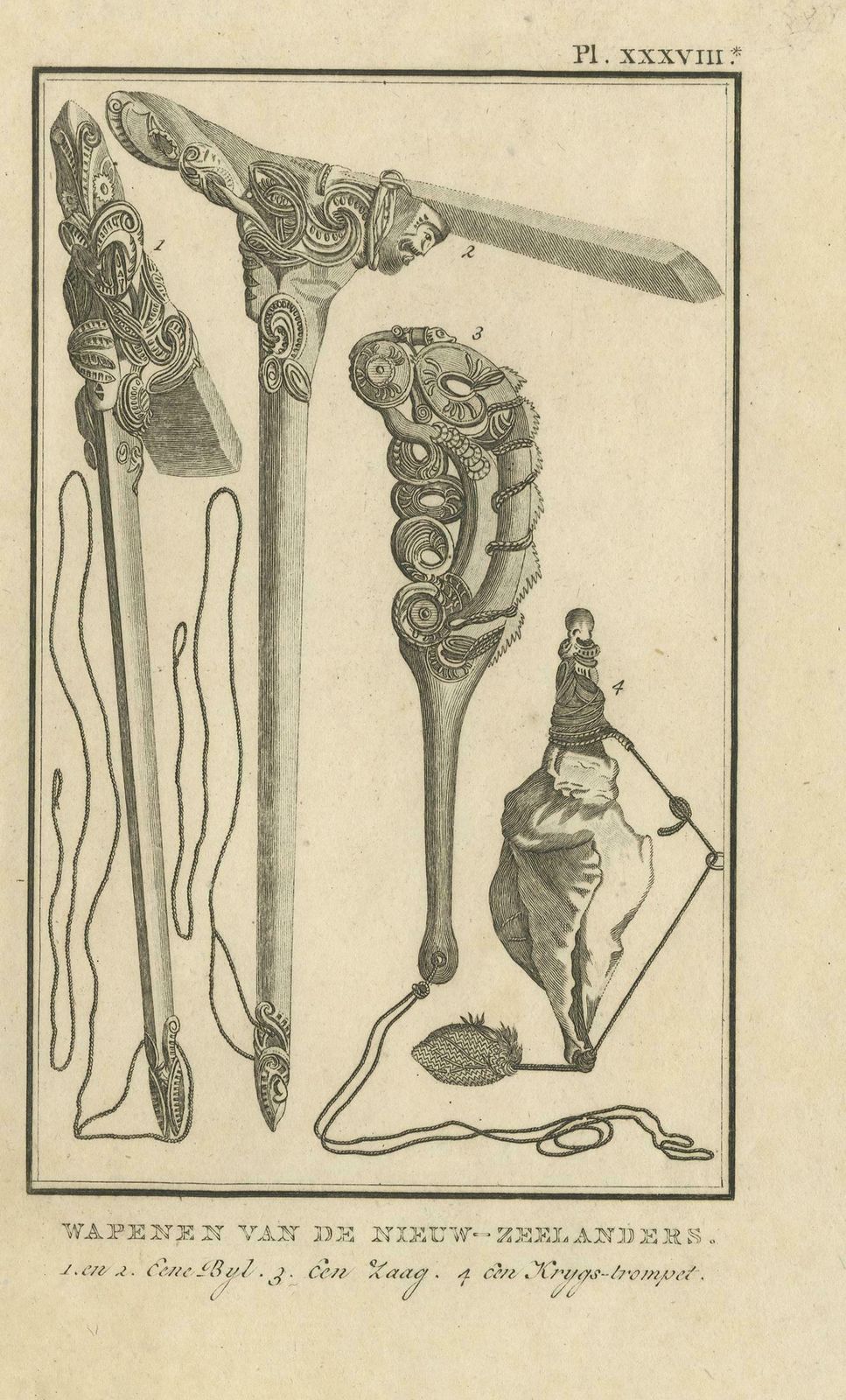 Antique Print Depicting Weapons Of The New Zealand Inhabitants By Cook, 1803