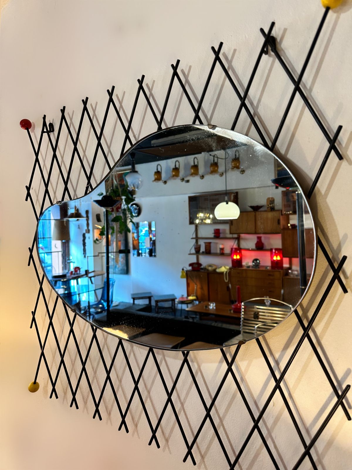 Very Rare Mid Century French Organic Shape Cross Hatch Iron Mirror, 1950 photo furniture