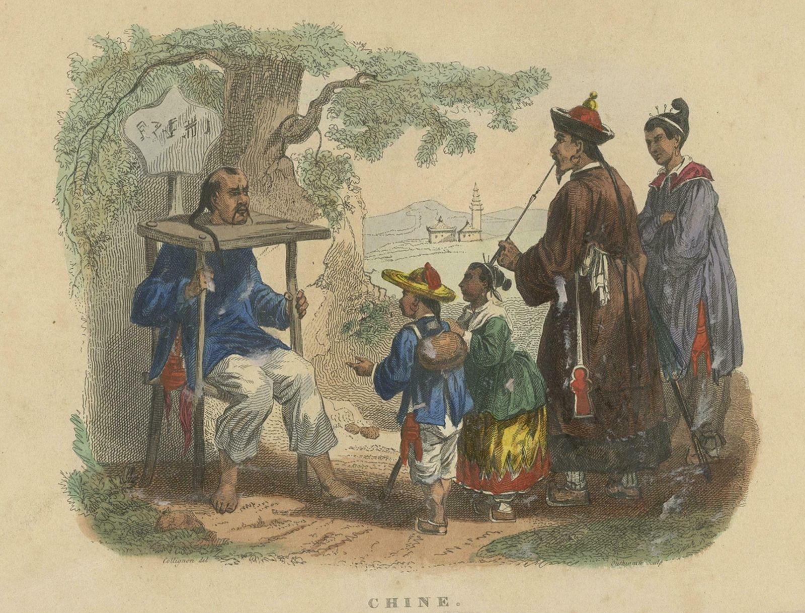 Antique Handcolored Print Of Punishment With A Cangue In China, 1844 photo 143.0
