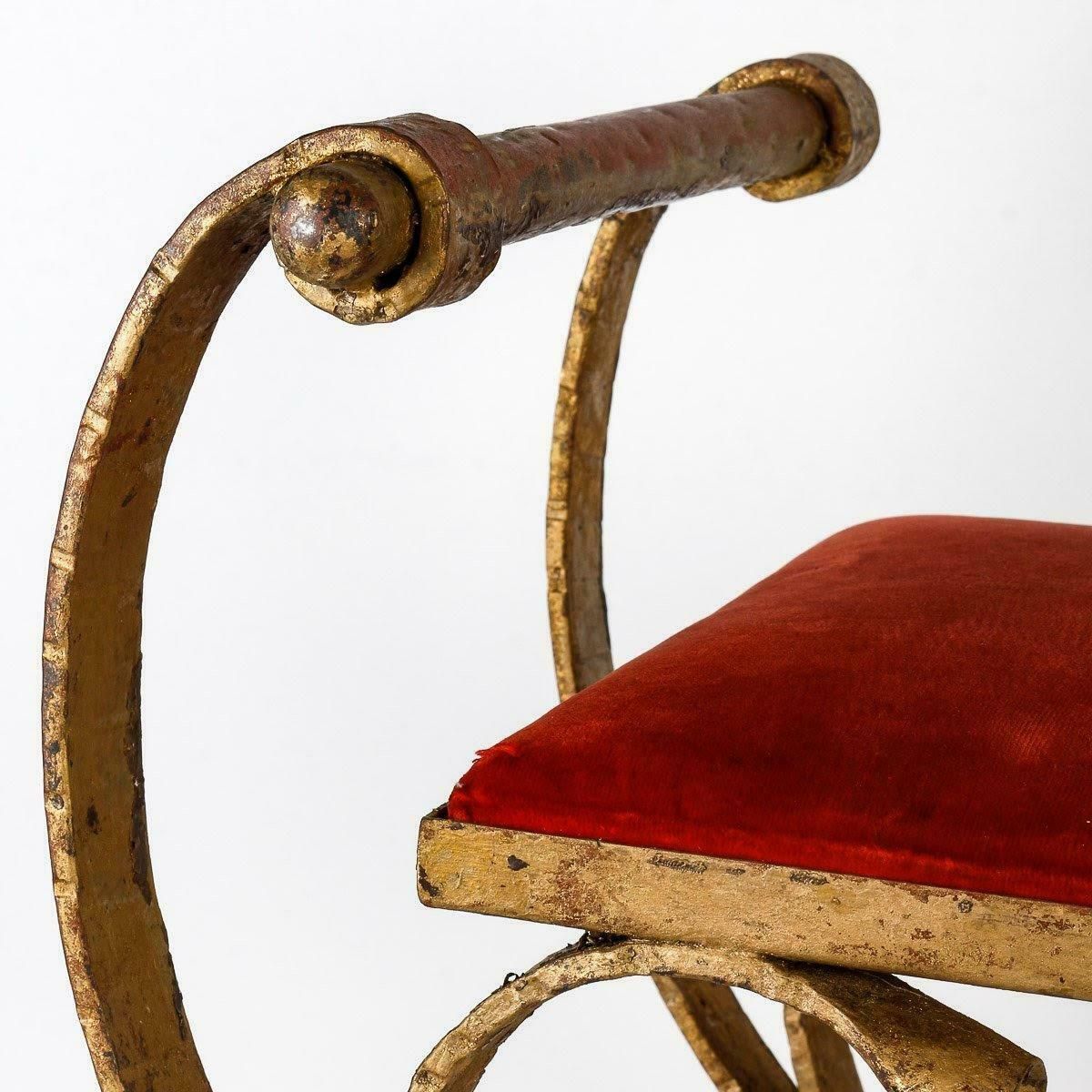 Pair Of Gilded Wrought Iron Curule Stools And Seats, Early 20th Century. photo for sale
