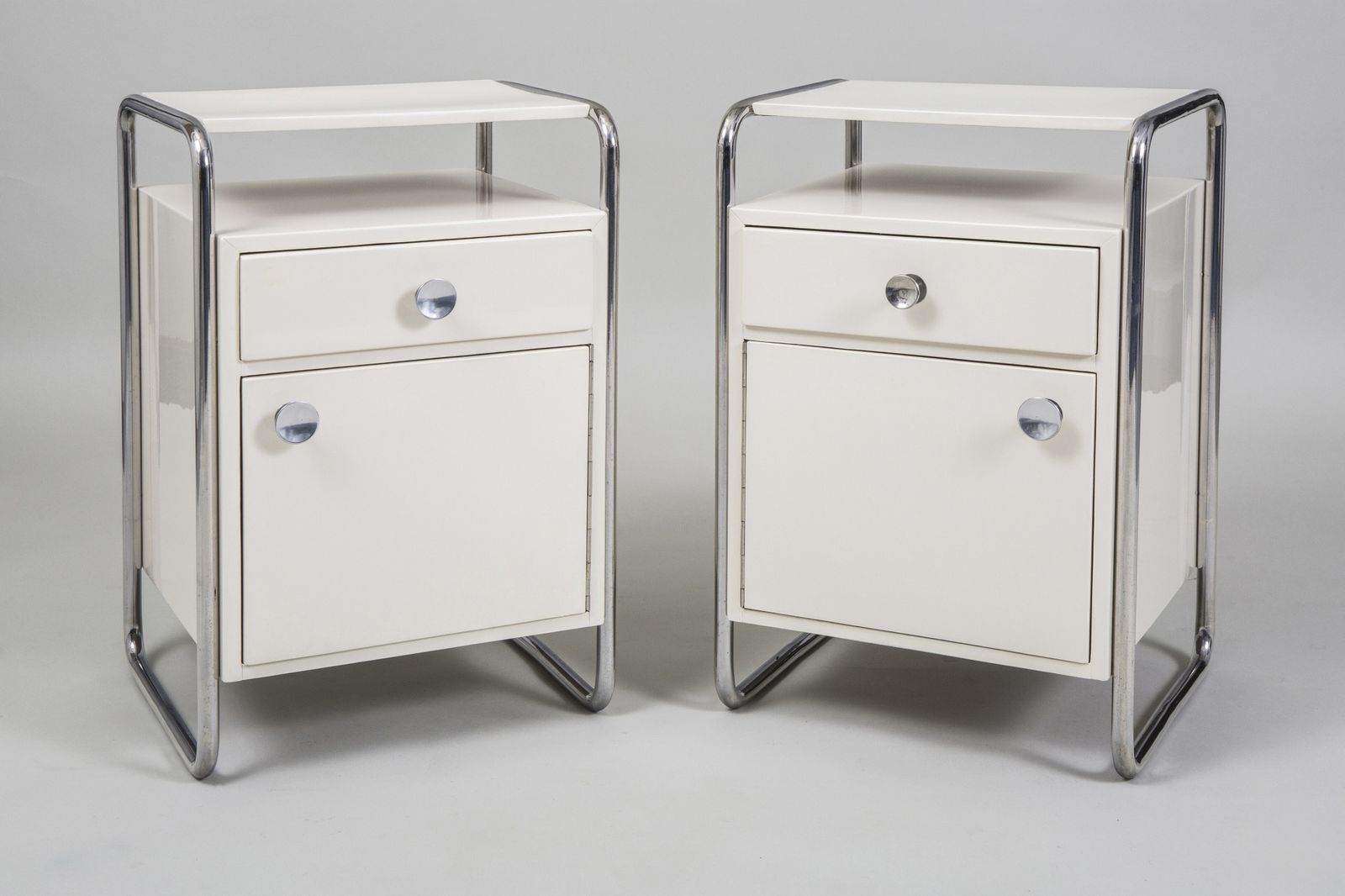 Restored Bauhaus Pair Of Bed Side Tables, By Sab, Chrome, Wood, Czech, 1930s