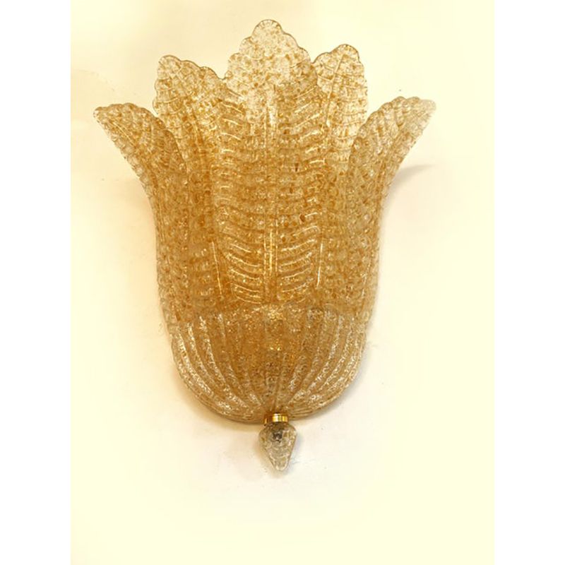 Set Of Two Transparent And Gold Graniglia “Leaf” Murano Glass Wall Sconces photo for sale