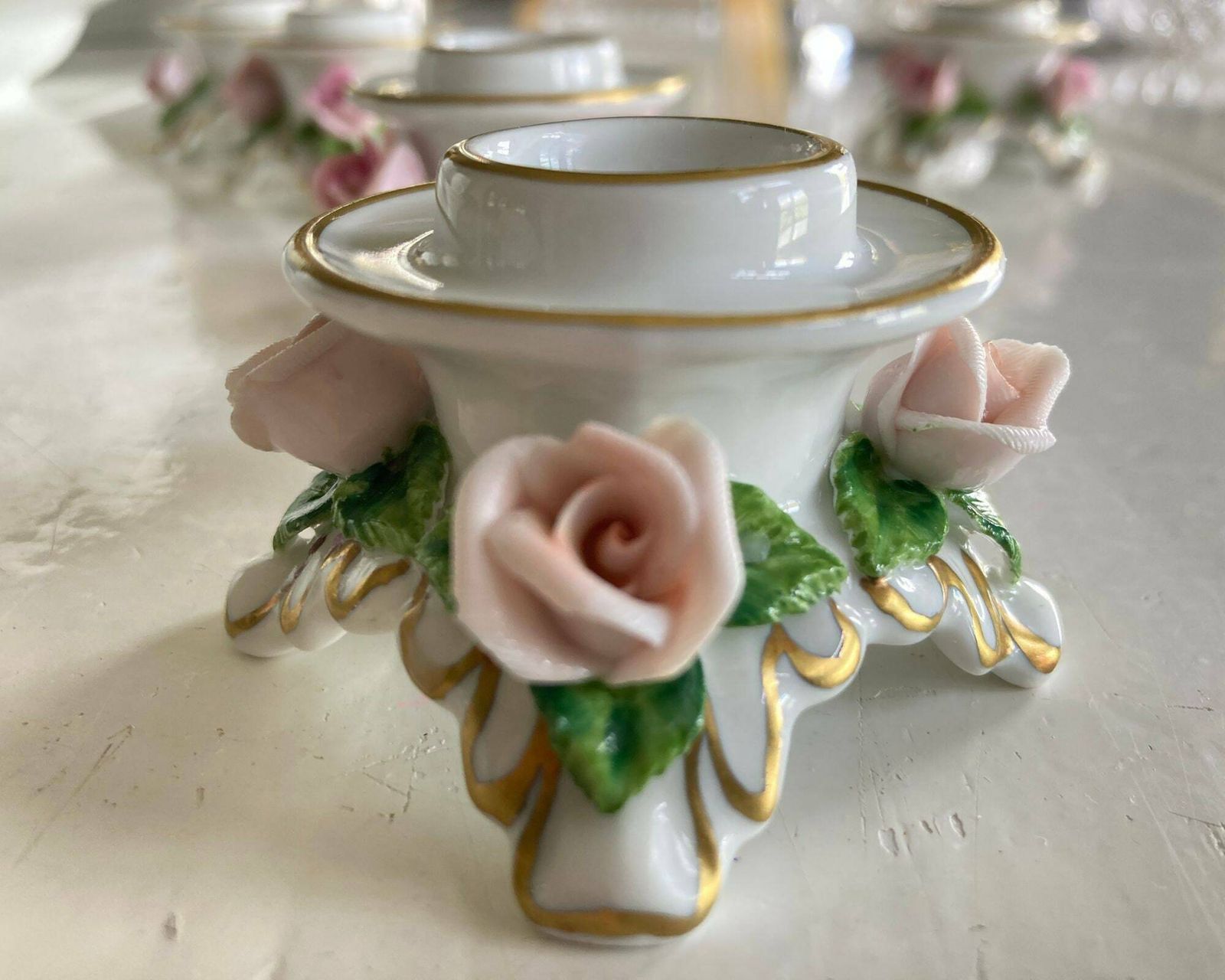 Porcelain Candle Holders Kaiser | Roses In Pink With Gold | 5pcs photo furniture