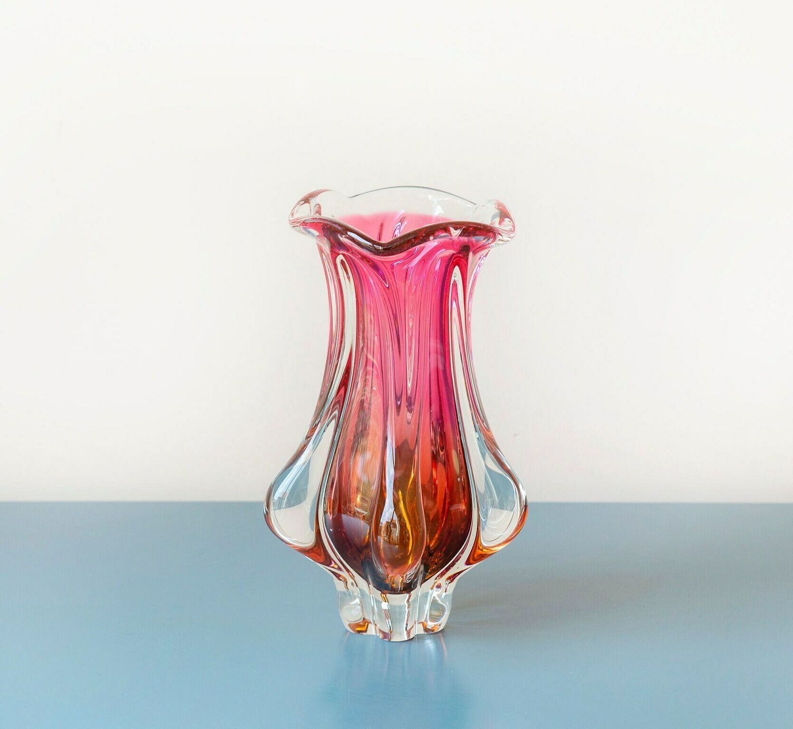 Pink Art Glass Vase By Josef Hospodka, Handblown Czech Flower Vase, 1960s Designer Vase With Scalloped Edge, Mid Century Modern photo for sale