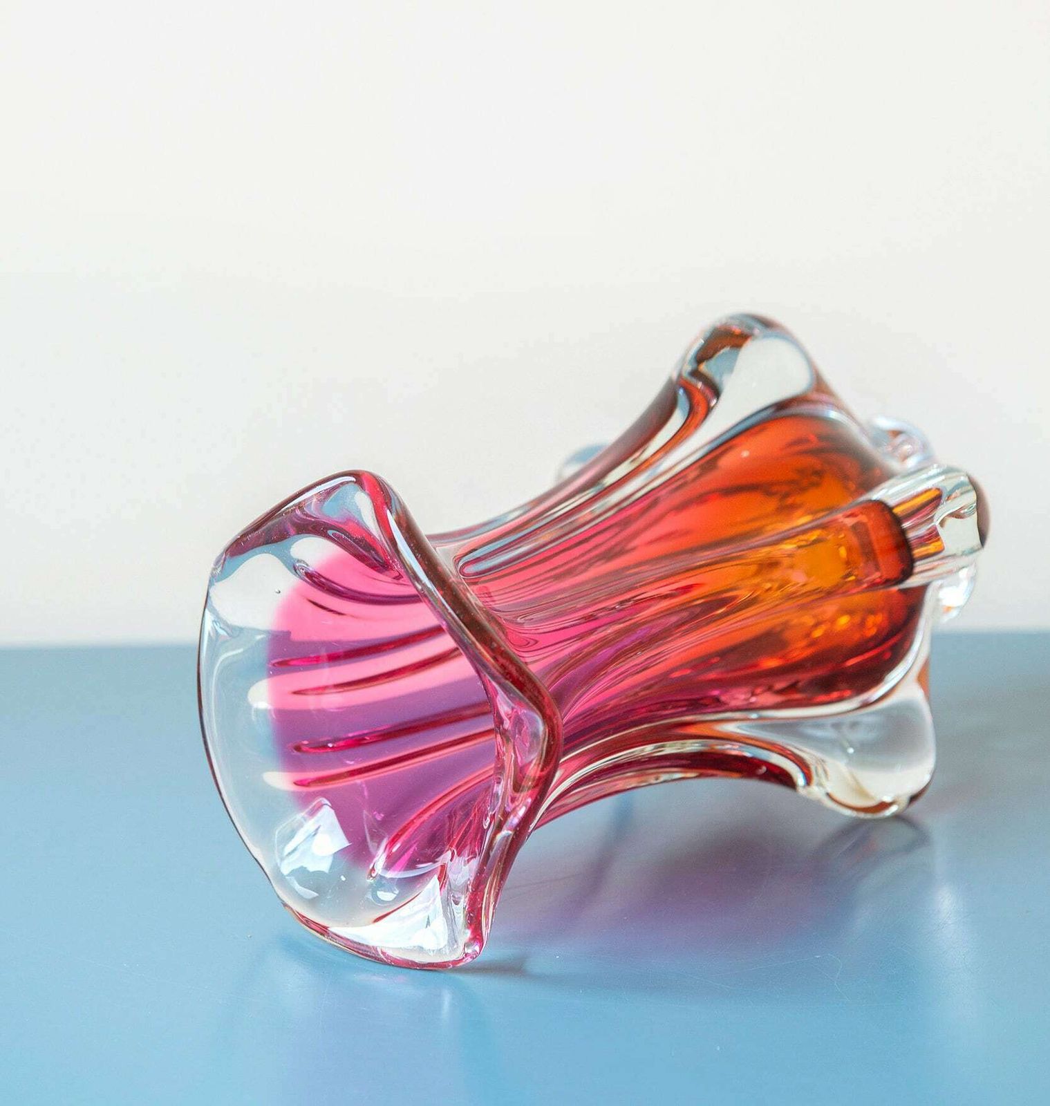 photo for sale Pink Art Glass Vase By Josef Hospodka, Handblown Czech Flower Vase, 1960s Designer Vase With Scalloped Edge, Mid Century Modern