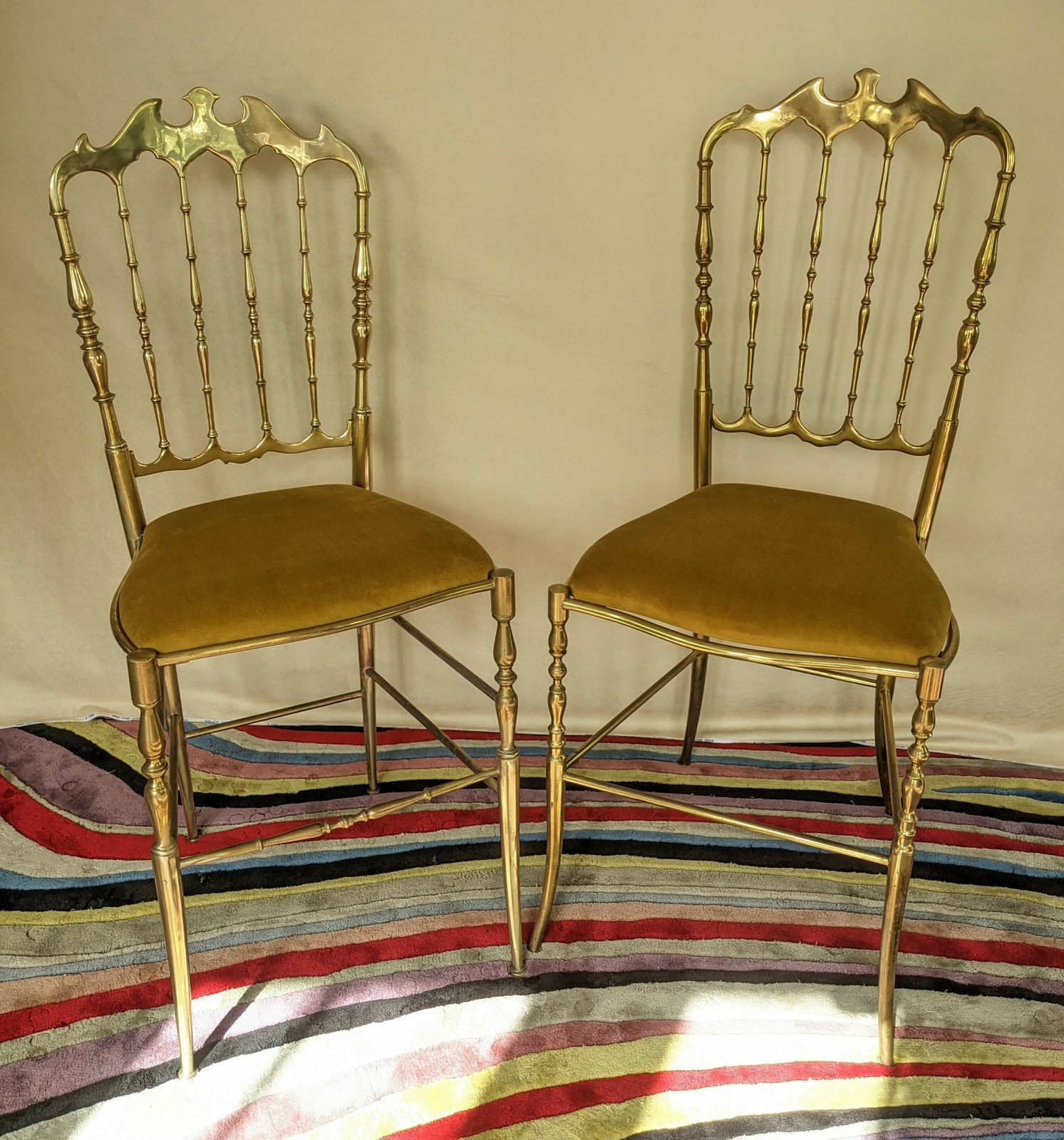 Furniture Beautiful Brass Chiavari Chairs With New Seat Bases And Upholstery. 6 Chairs Available photo