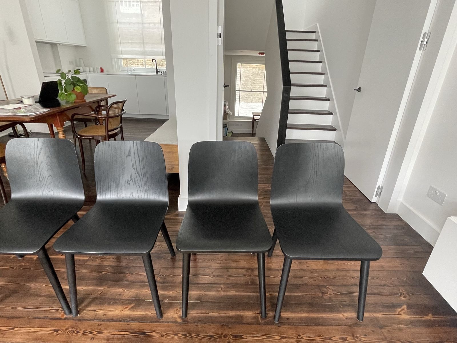 Dining Chairs With Bent Black Oak Seat And Round Solid Wood Legs. Set Of 4or 6 photo 120.0