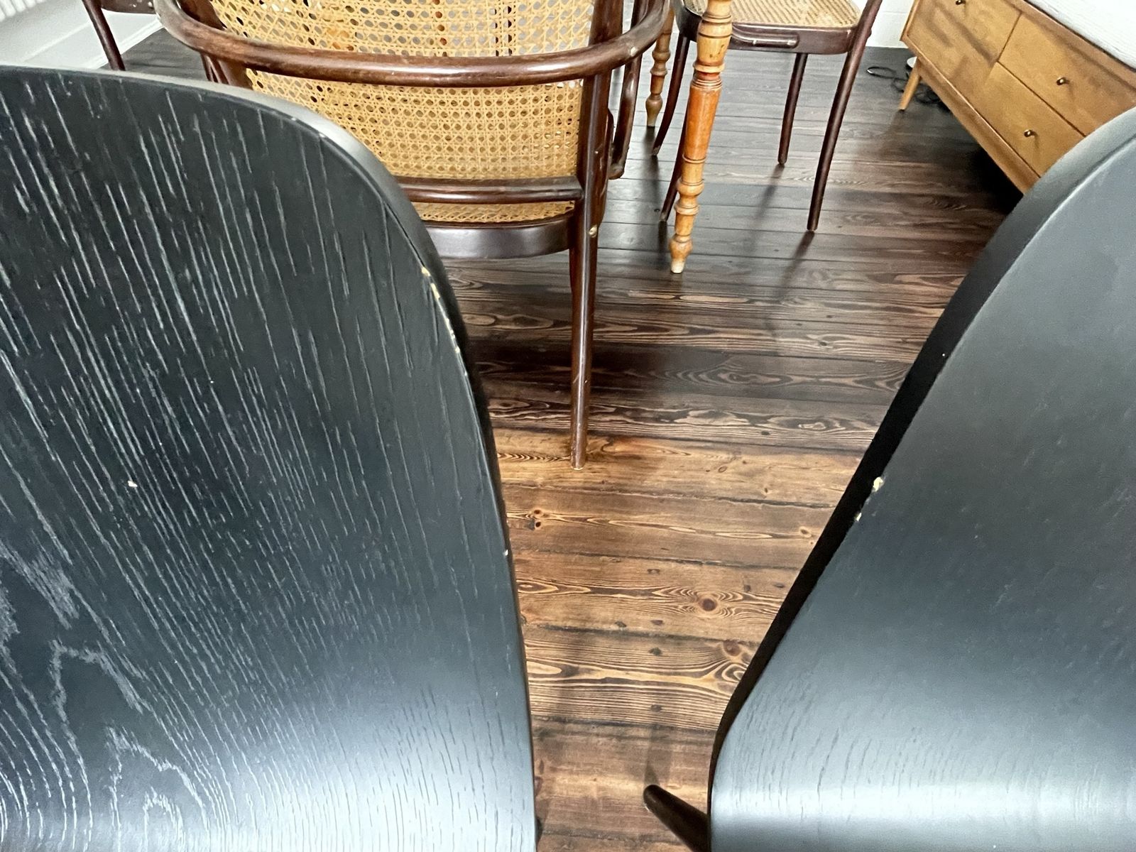 Dining Chairs With Bent Black Oak Seat And Round Solid Wood Legs. Set Of 4or 6 photo vintage