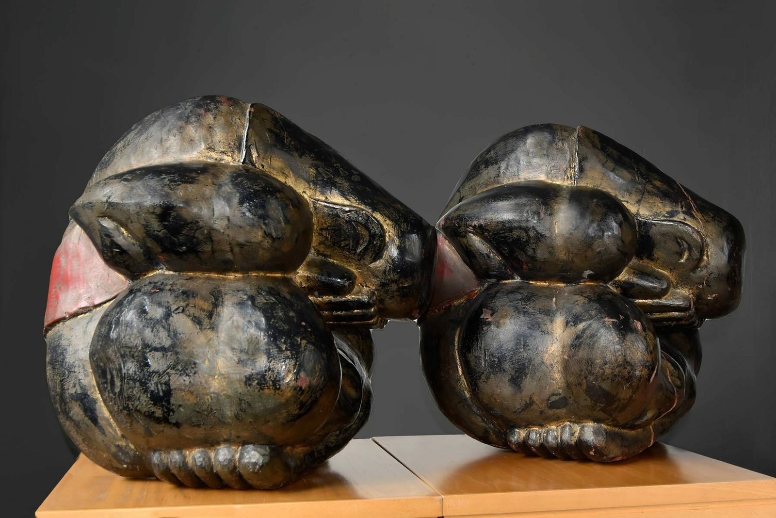 Pair Of Vintage Hand Carved ‘Crying Men’ Wooden Sculptures photo vinterior