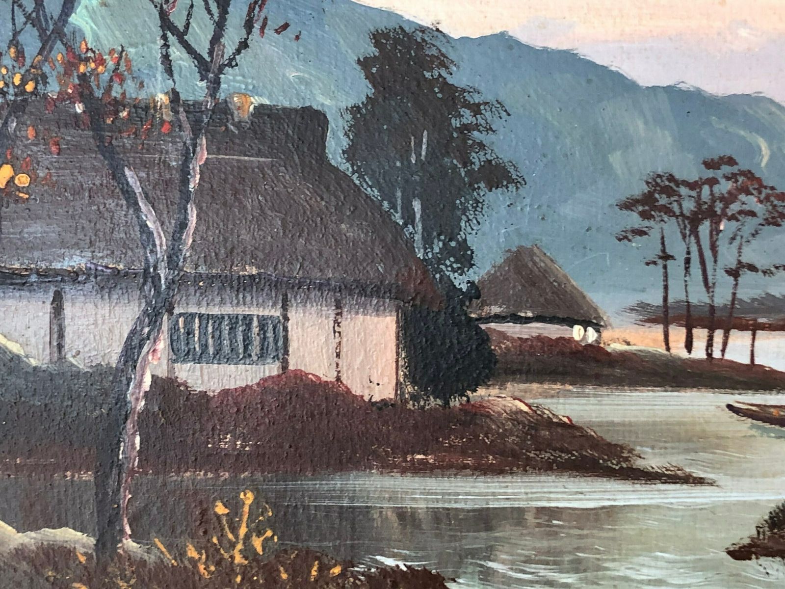 Japanese Original Vintage Signed Painting With Motive Of Mount Fuji And Lakeside Houses photo vinterior