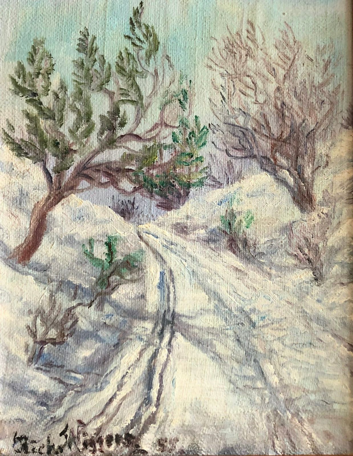 Original Danish Oil Painting From 1955 By Richard Wiggers With Motive Of A Path Through A Winter Landscape photo furniture