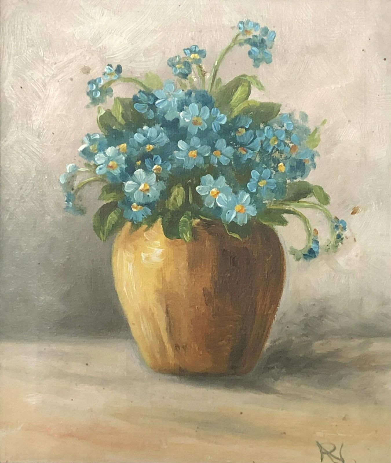 Original Danish Mid Century Oil Painting Signed Rn With Motive Of Vase With Beautiful Blue Flowers photo furniture