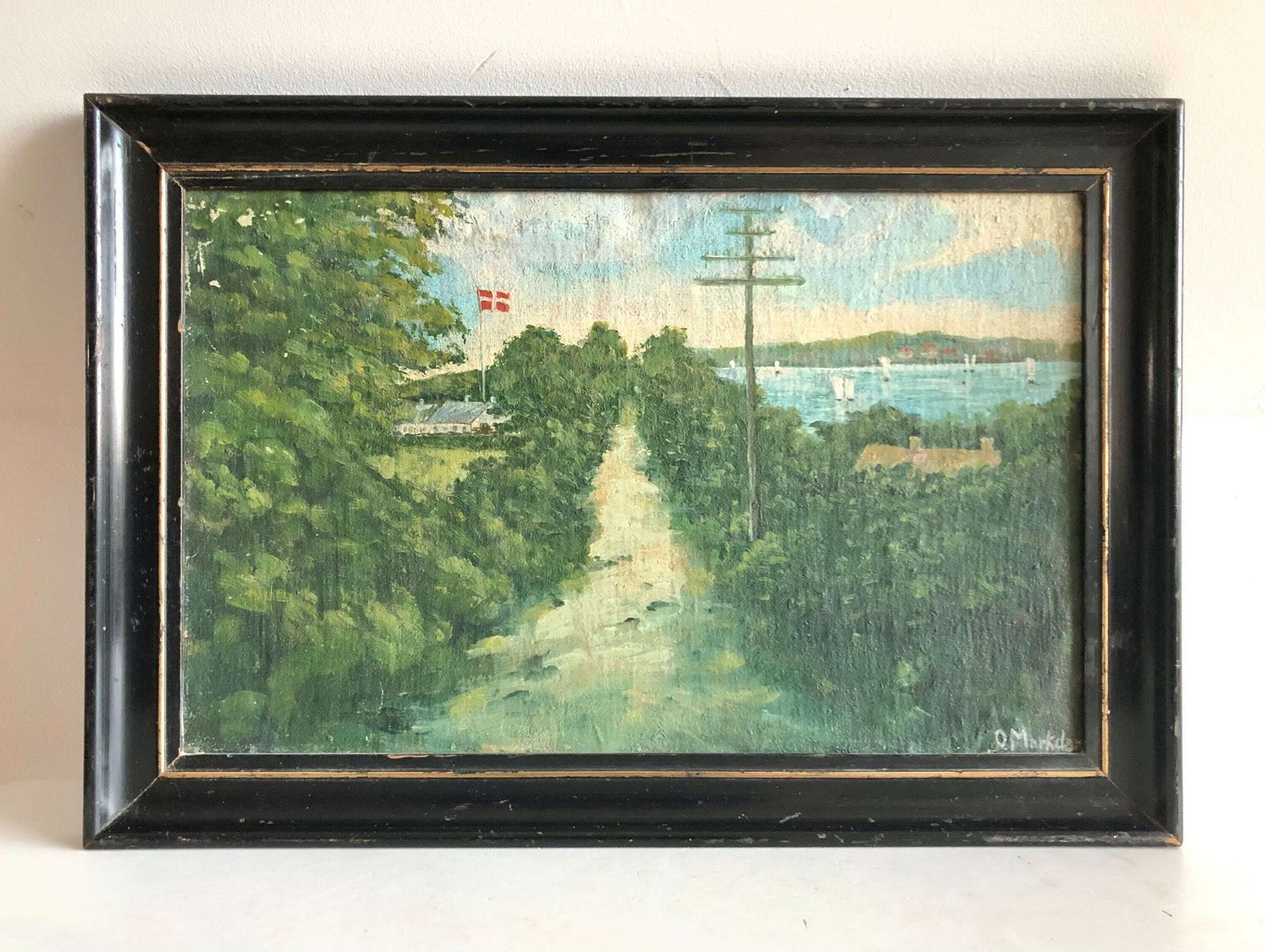 Original Oil Painting From Denmark With Motive Of Path Through A Landscape In Summertime With Sailsboats And The Danish Flag
