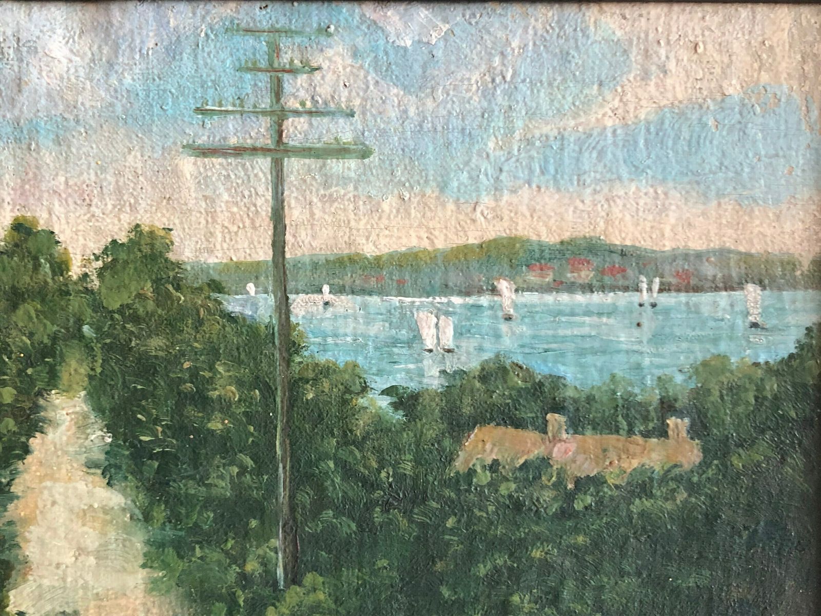 Original Oil Painting From Denmark With Motive Of Path Through A Landscape In Summertime With Sailsboats And The Danish Flag photo for sale