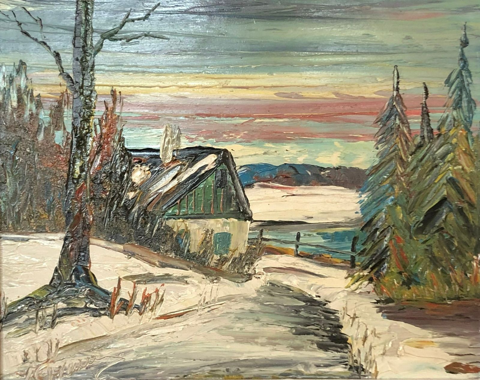 Vintage Oil Painting With Motive Of Winter Landscape With House At A Lake With Pine Trees   Original Danish Art photo furniture