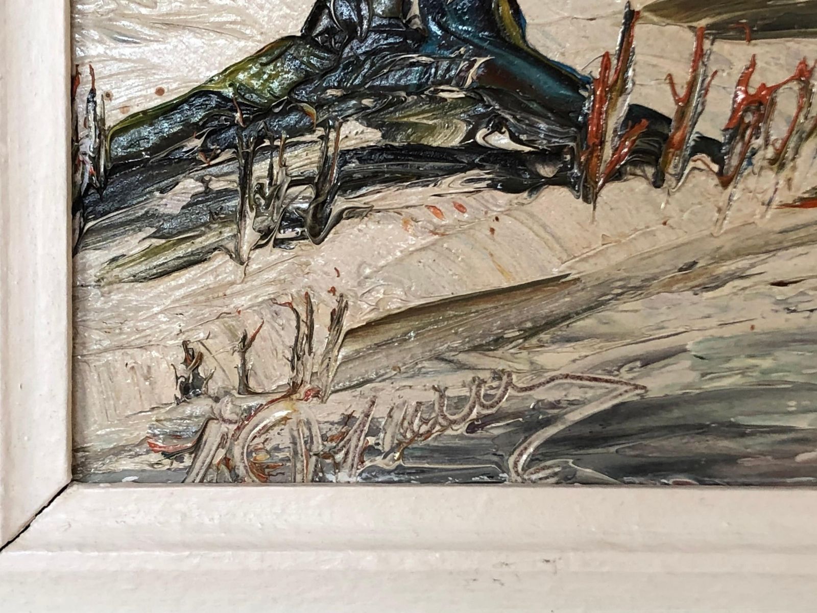 Vintage Oil Painting With Motive Of Winter Landscape With House At A Lake With Pine Trees   Original Danish Art photo for sale