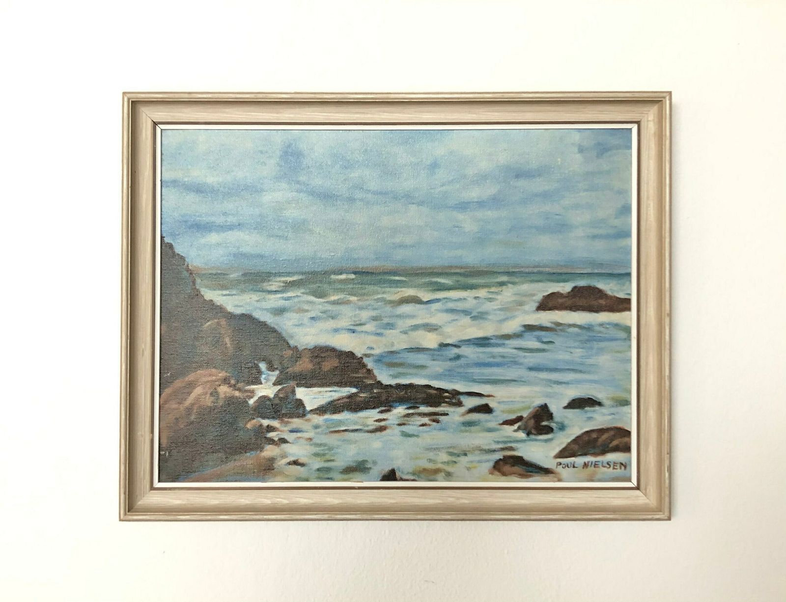 Danish Mid Century Oil On Plate Painting From 1970 By Poul Nielsen With Motive Of Oceanside Cliff