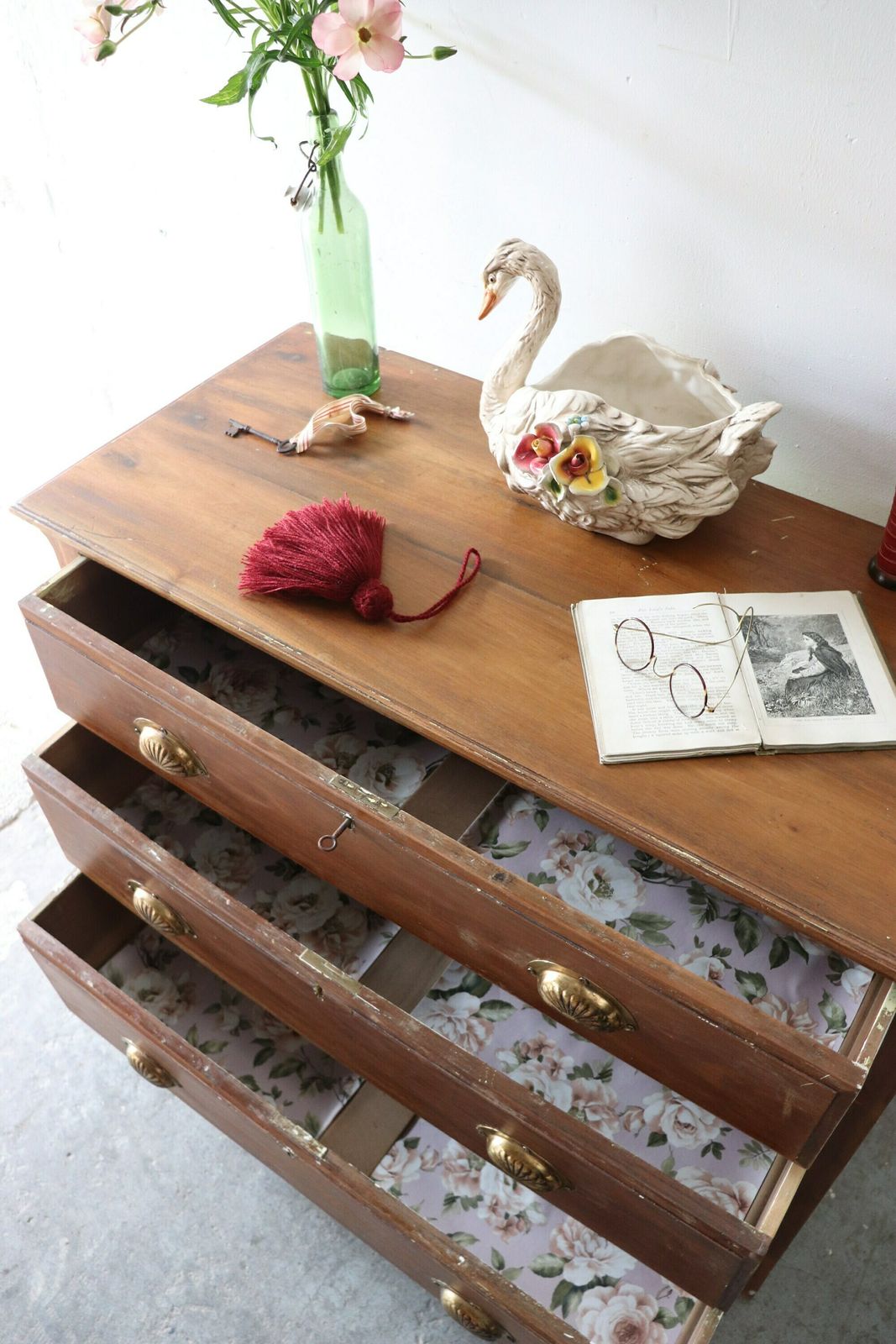 Stripped Pine Three Drawer Washstand Or Chest Of Drawers With Distressed Finish And Brass Cup Handles photo vintage
