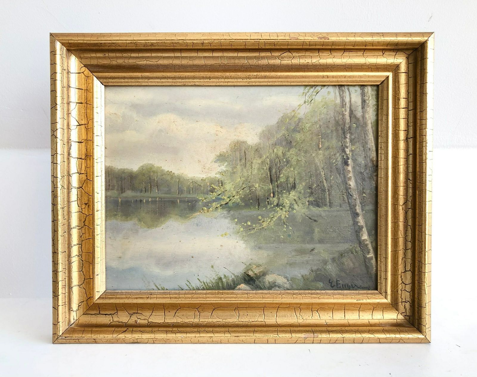 Vintage Landscape Oil Painting From Denmark With Motive Of A Large Lake With Surrounding Birch Trees