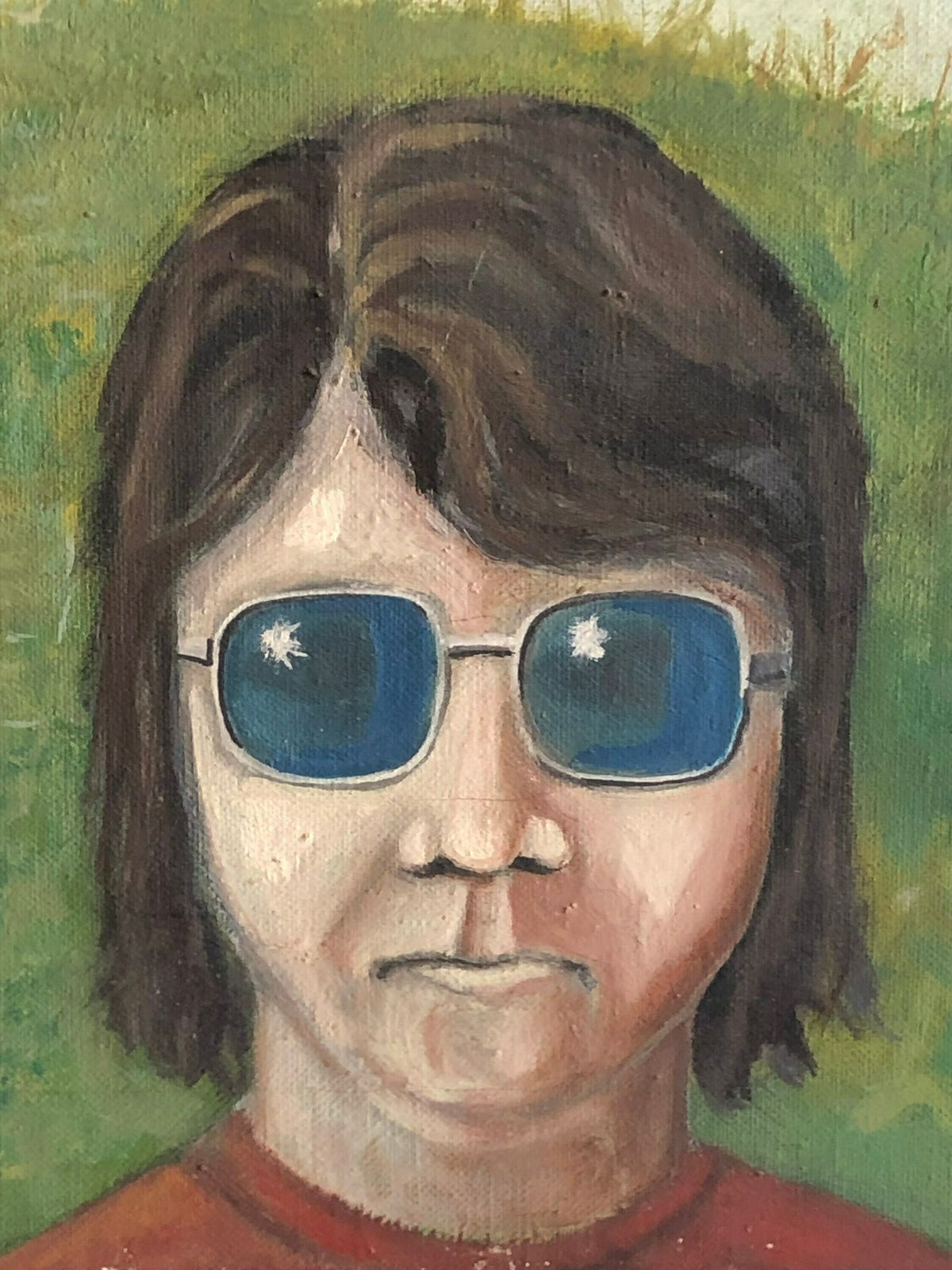 Danish Original Painting From 1975 By Finn Johansen With Motive Of Man With Sunglasses And Nude Woman In The Background photo for sale