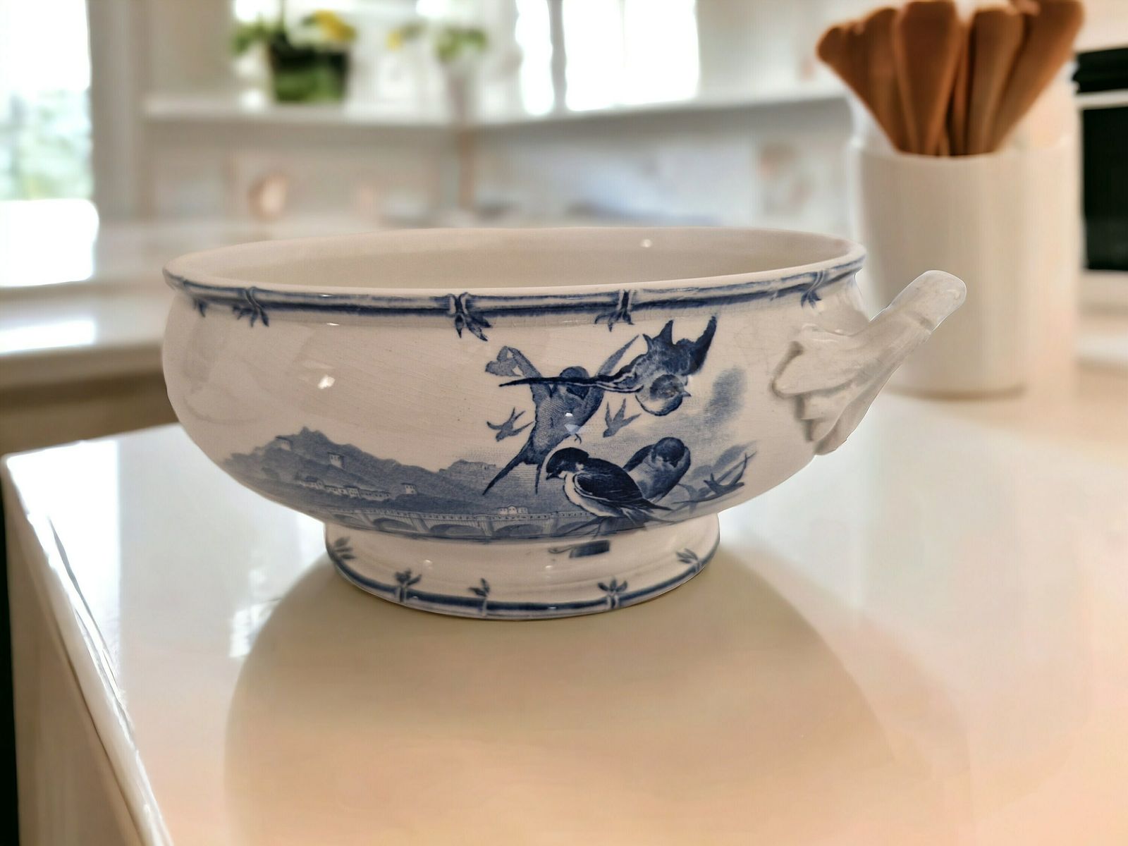 photo furniture Antique French Blue Transferware Soup Tureen By Gien In Vol D'oiseaux Pattern, 19th Century Ceramic Serving Dish