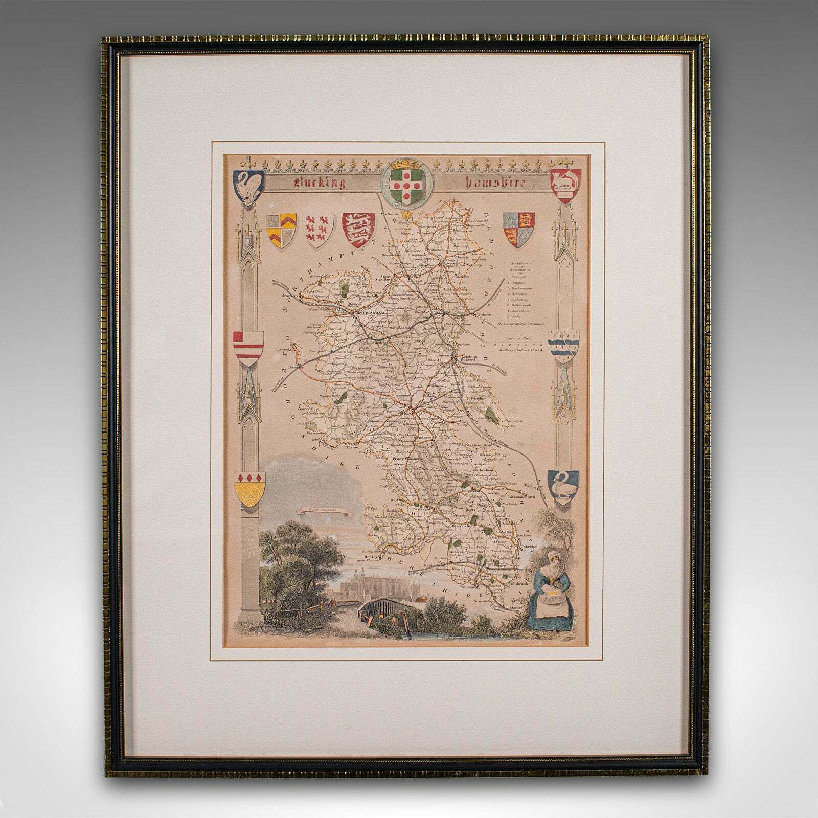 Antique Lithography Map, Buckinghamshire, English, Framed Cartography, Victorian photo furniture