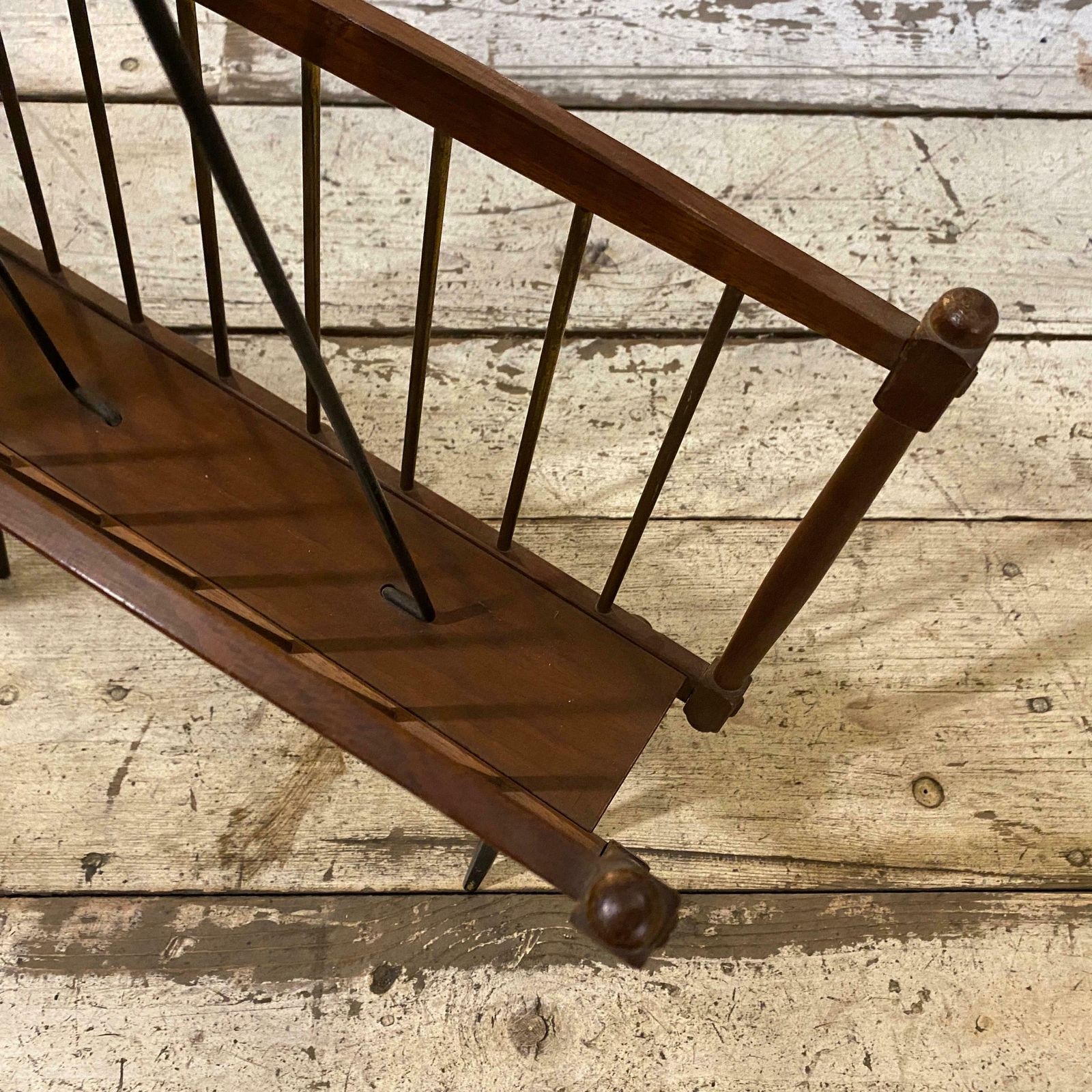 1960s Mid Century Modern Teak And Black Painted Iron Italian Magazine Stand photo vinterior