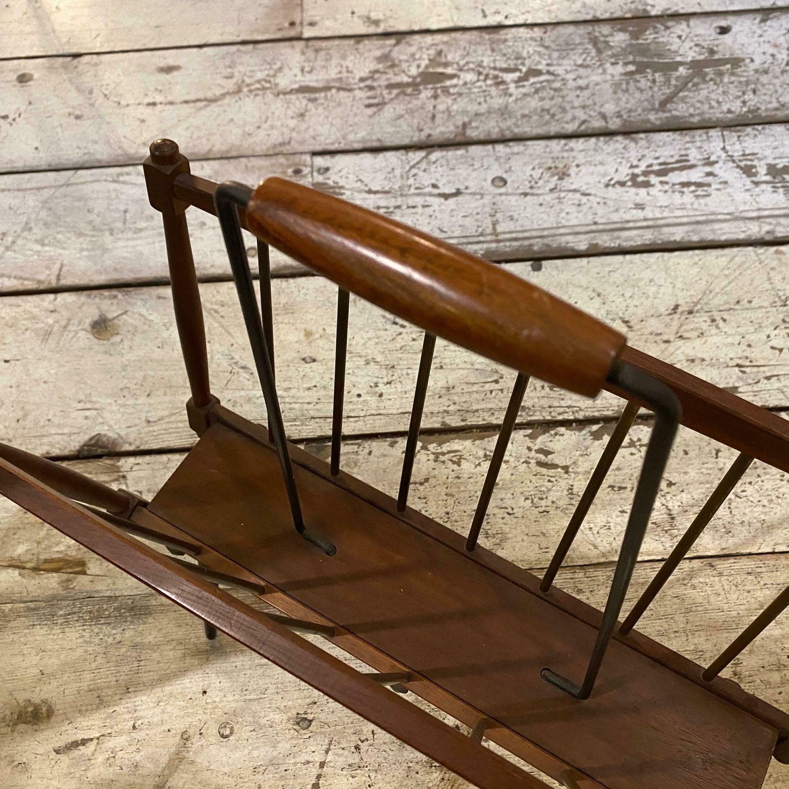 1960s Mid Century Modern Teak And Black Painted Iron Italian Magazine Stand photo vintage