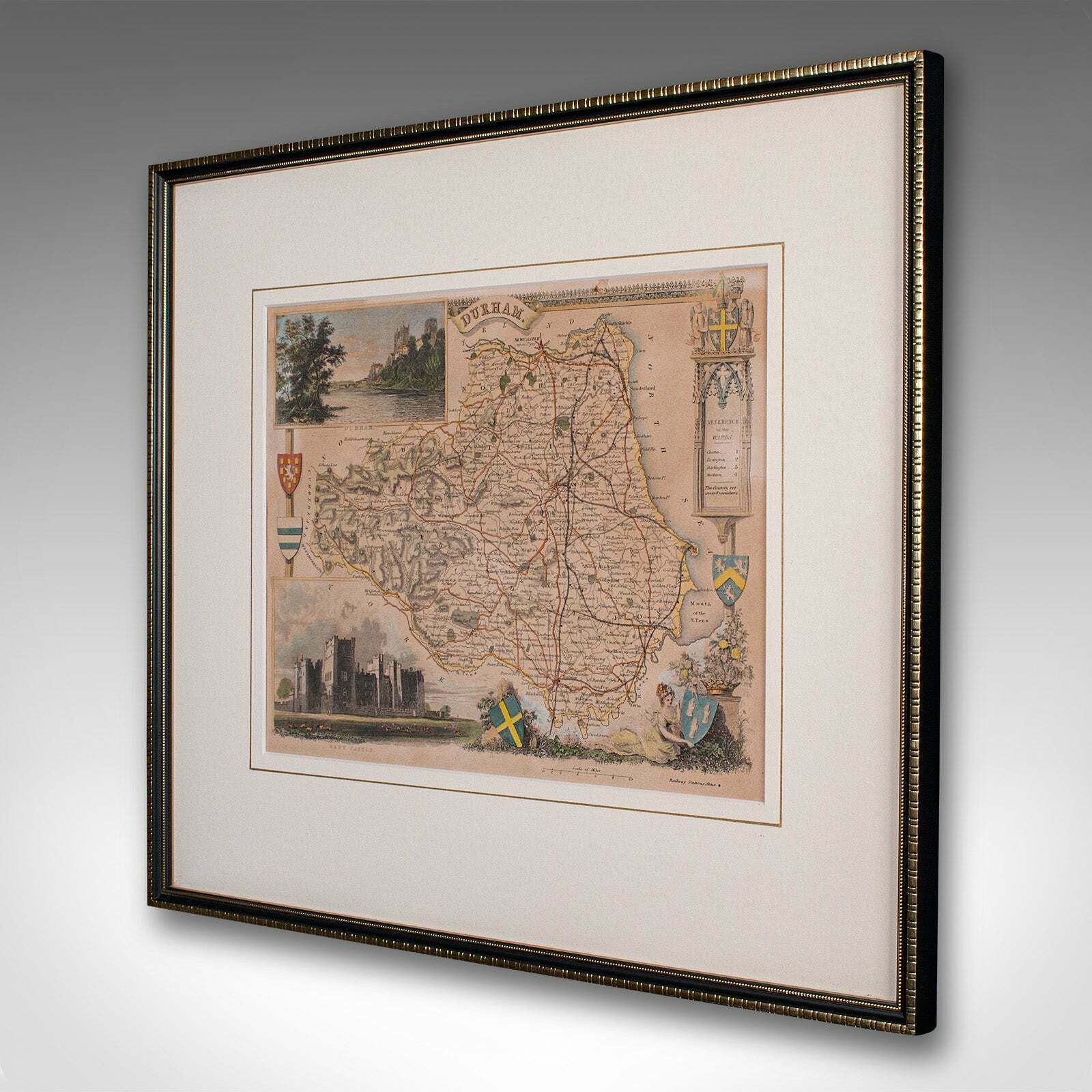 Antique Lithography Map, County Durham, English, Framed Cartography, Victorian photo for sale