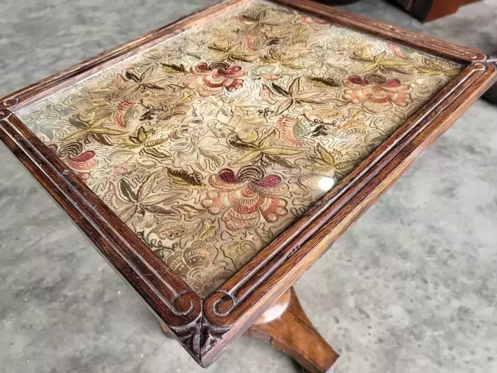 Antique Victorian Embroidered Tripod Side End Lamp Table Pedestal Table photo vintage