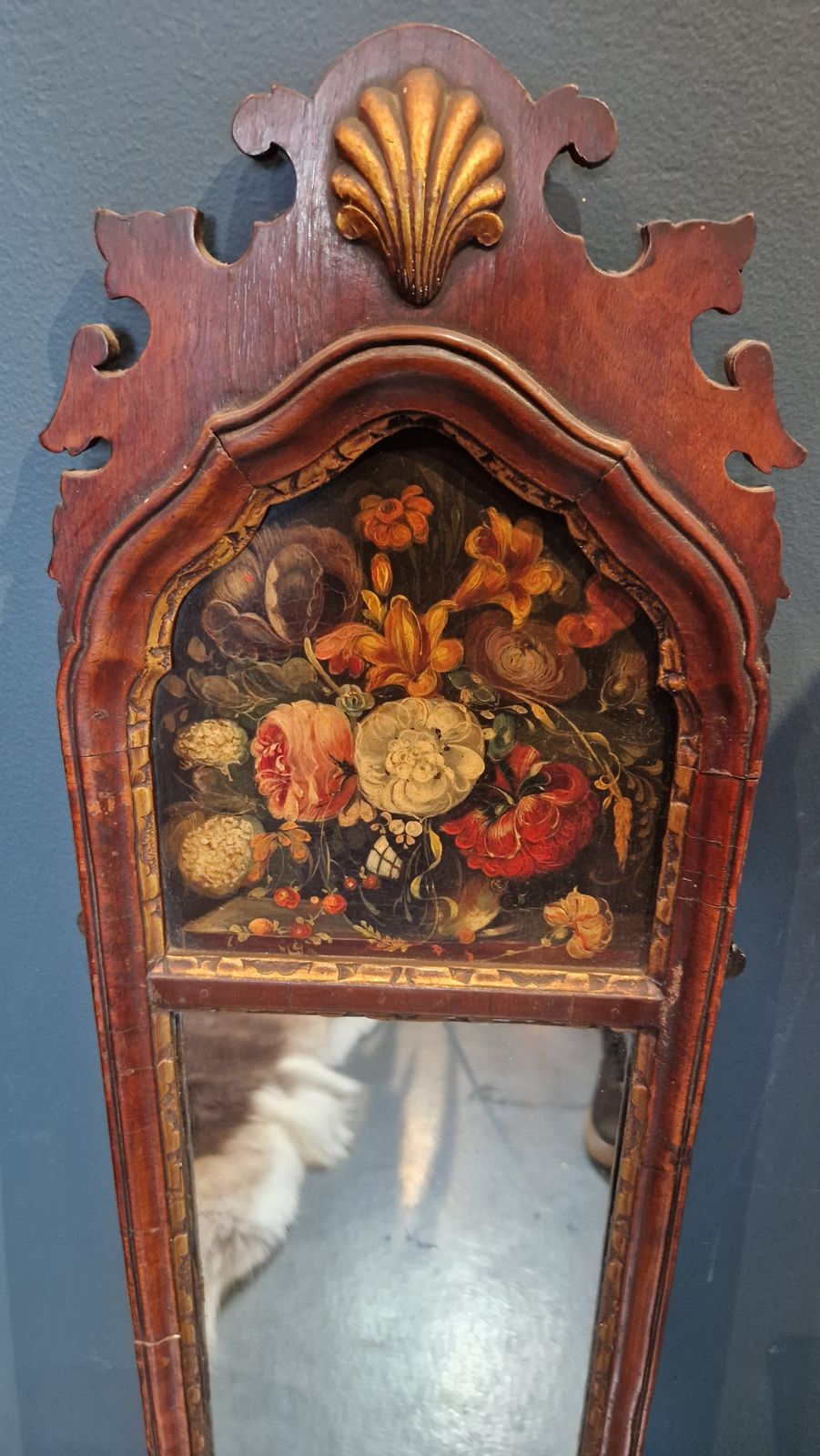 An Edwardian Mahogany And Painted Fretwork Mirror With A Painted Floral Panel photo furniture