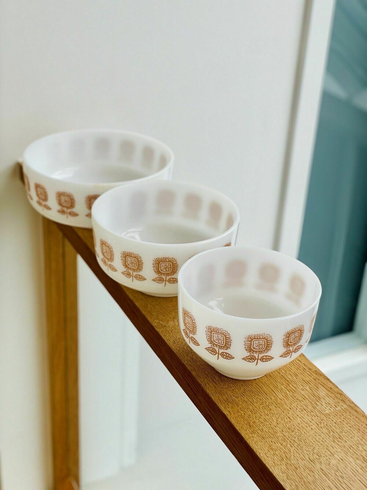 photo for sale 3 Vintage Federal Connoisseur Sunflower Mixing Bowls From The 1960s.