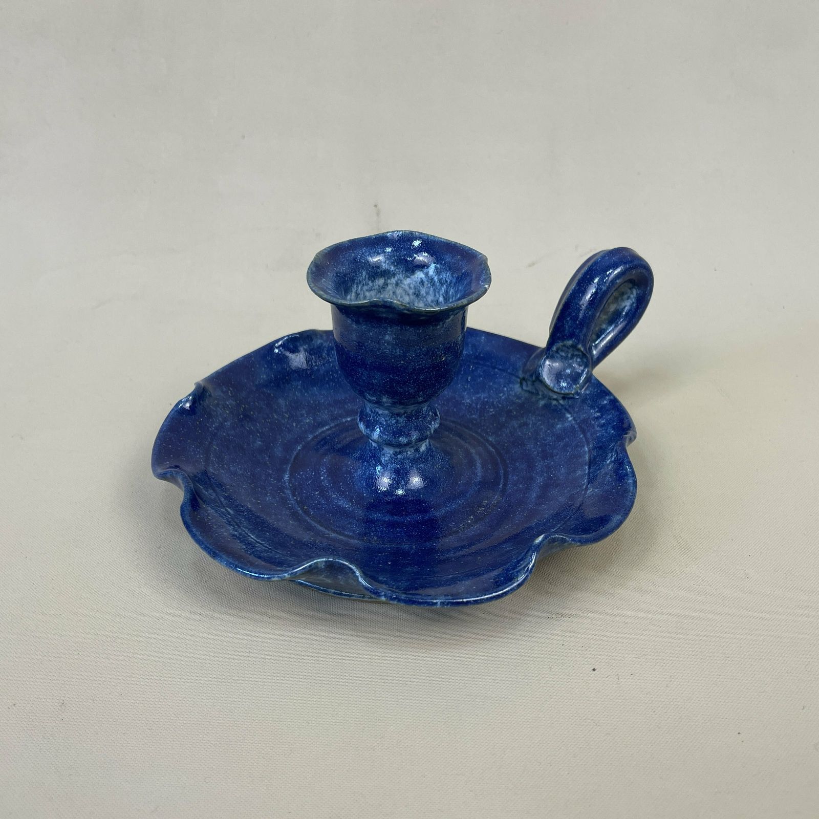 Antique Ceramic Candlestick Chamber Candle Stick Painted Base Vintage Round Handle Taper Dinner Blue Handmade Studio Pottery