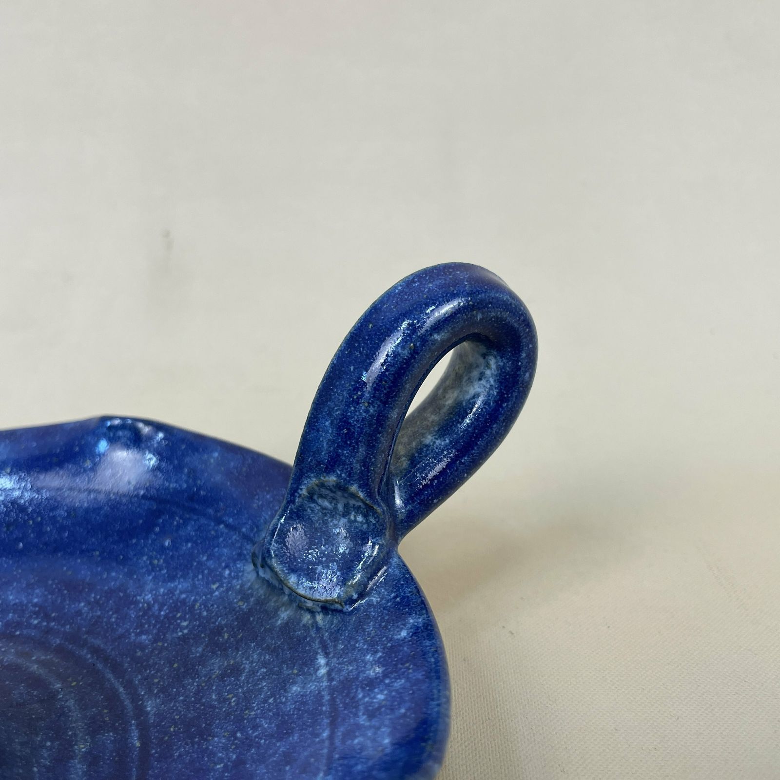 Antique Ceramic Candlestick Chamber Candle Stick Painted Base Vintage Round Handle Taper Dinner Blue Handmade Studio Pottery photo for sale