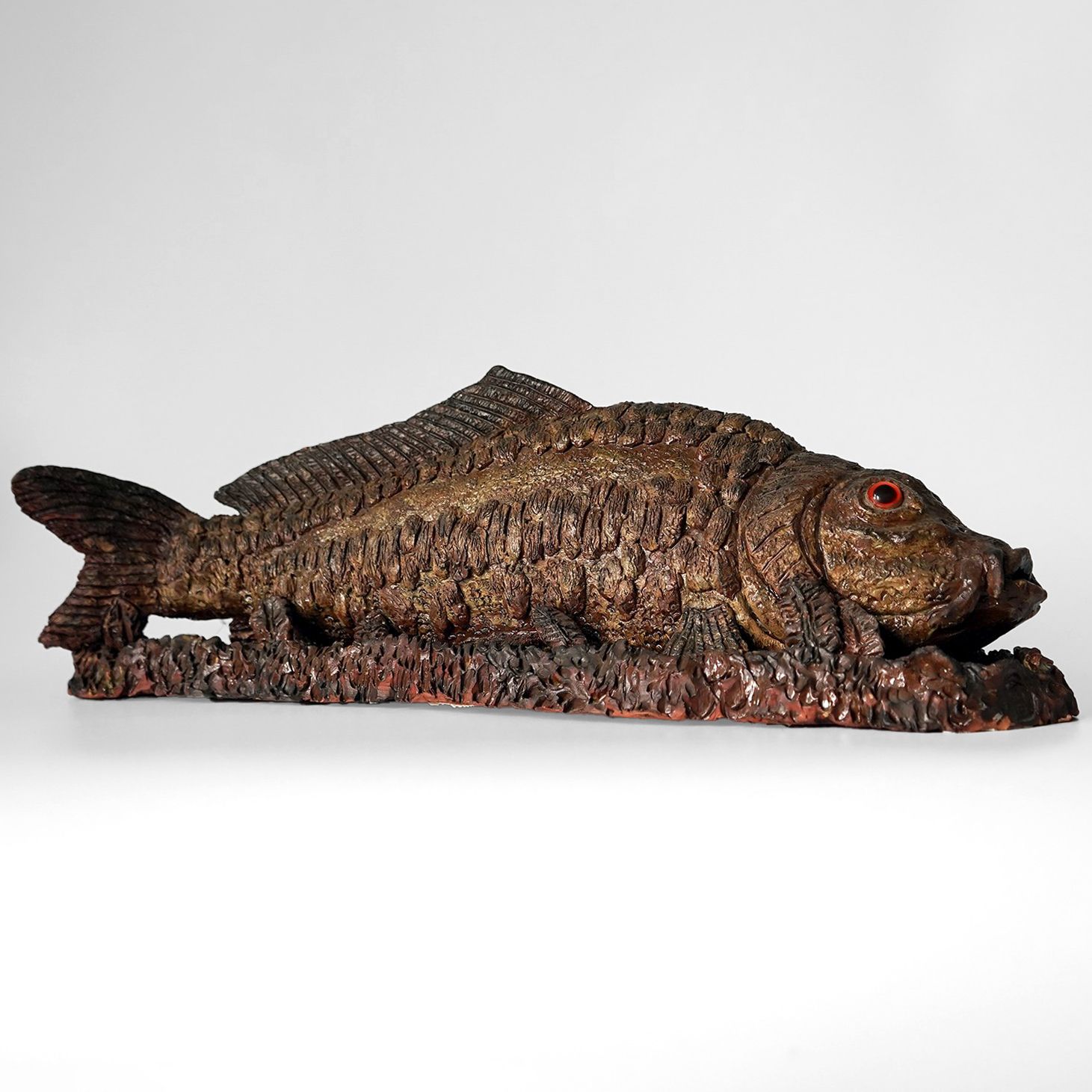 Large Antique Glazed Studio Pottery Ceramic Fish Sculpture, C. 1900 Terracotta Figure