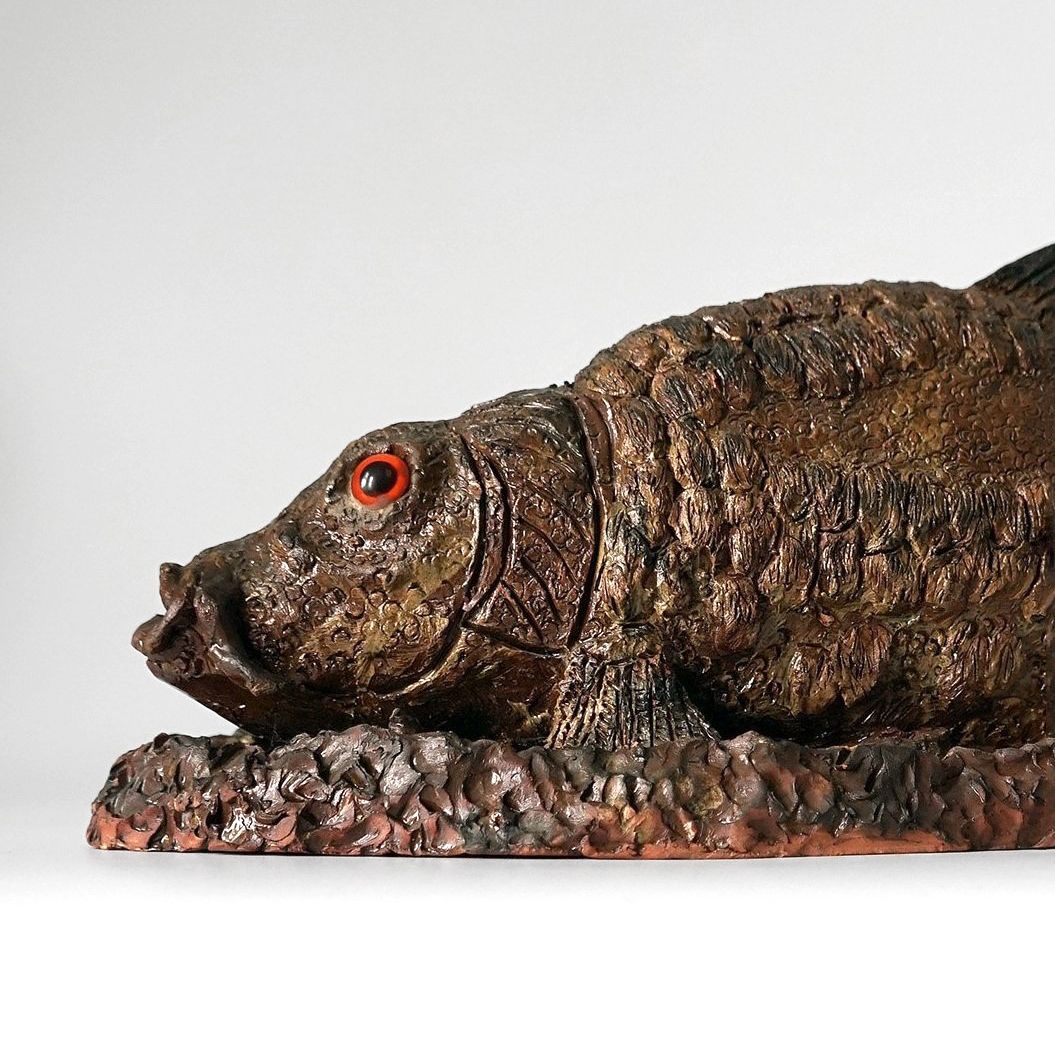 photo vinterior Large Antique Glazed Studio Pottery Ceramic Fish Sculpture, C. 1900 Terracotta Figure