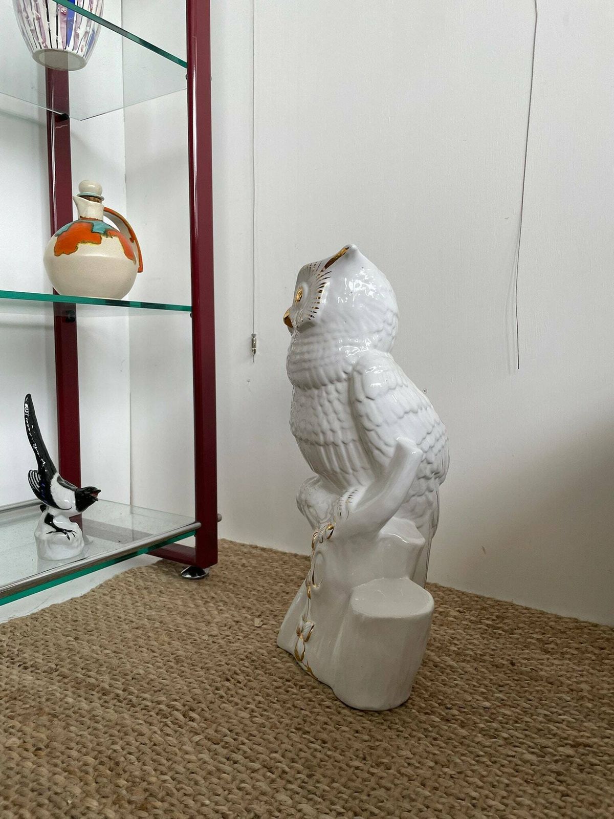 Kitsch Large Ceramic Owl Umbrella Stand   White With Gold Accents, Hollywood Regency Style photo furniture