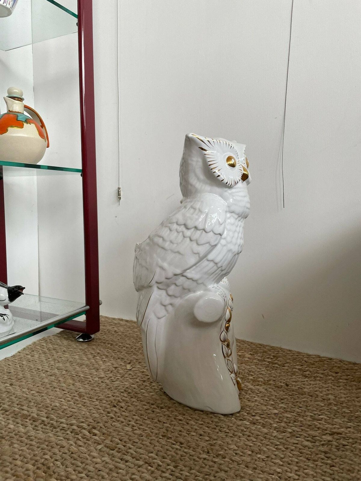 Kitsch Large Ceramic Owl Umbrella Stand   White With Gold Accents, Hollywood Regency Style photo vintage