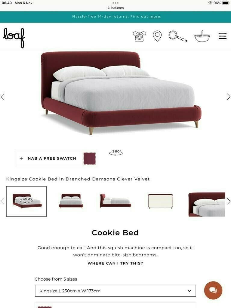 Loaf King Size 'Cookie' Bed In 'Drenched Damsons (Purple) Luxurious Clever Velvet photo furniture