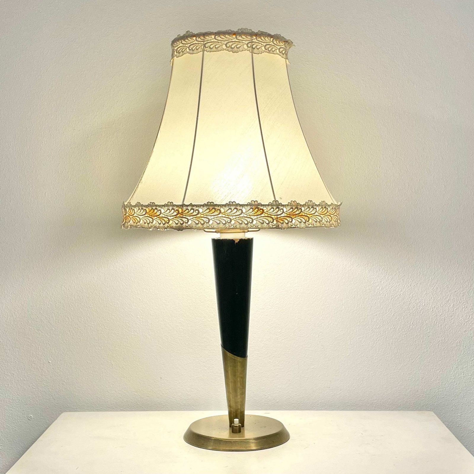 Danish Vintage Elegant 1930s Art Deco Table Lamp With Brass And Wooden Base And Gorgeous White Pleated Shade With Lace Ribbons