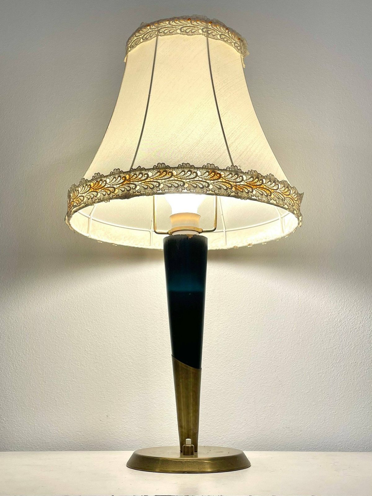 Danish Vintage Elegant 1930s Art Deco Table Lamp With Brass And Wooden Base And Gorgeous White Pleated Shade With Lace Ribbons photo furniture